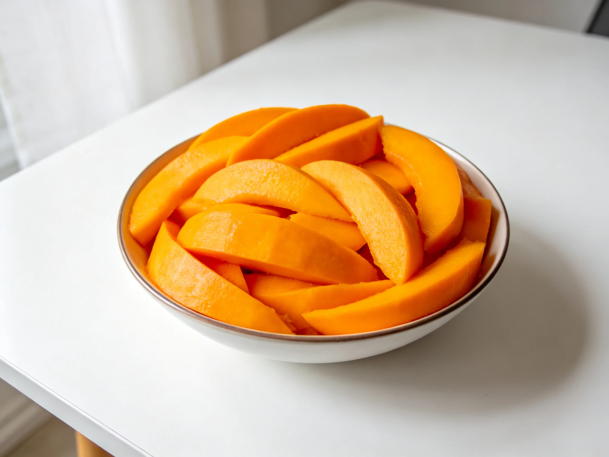 A white bowl overflowing with bright orange fruit slices
