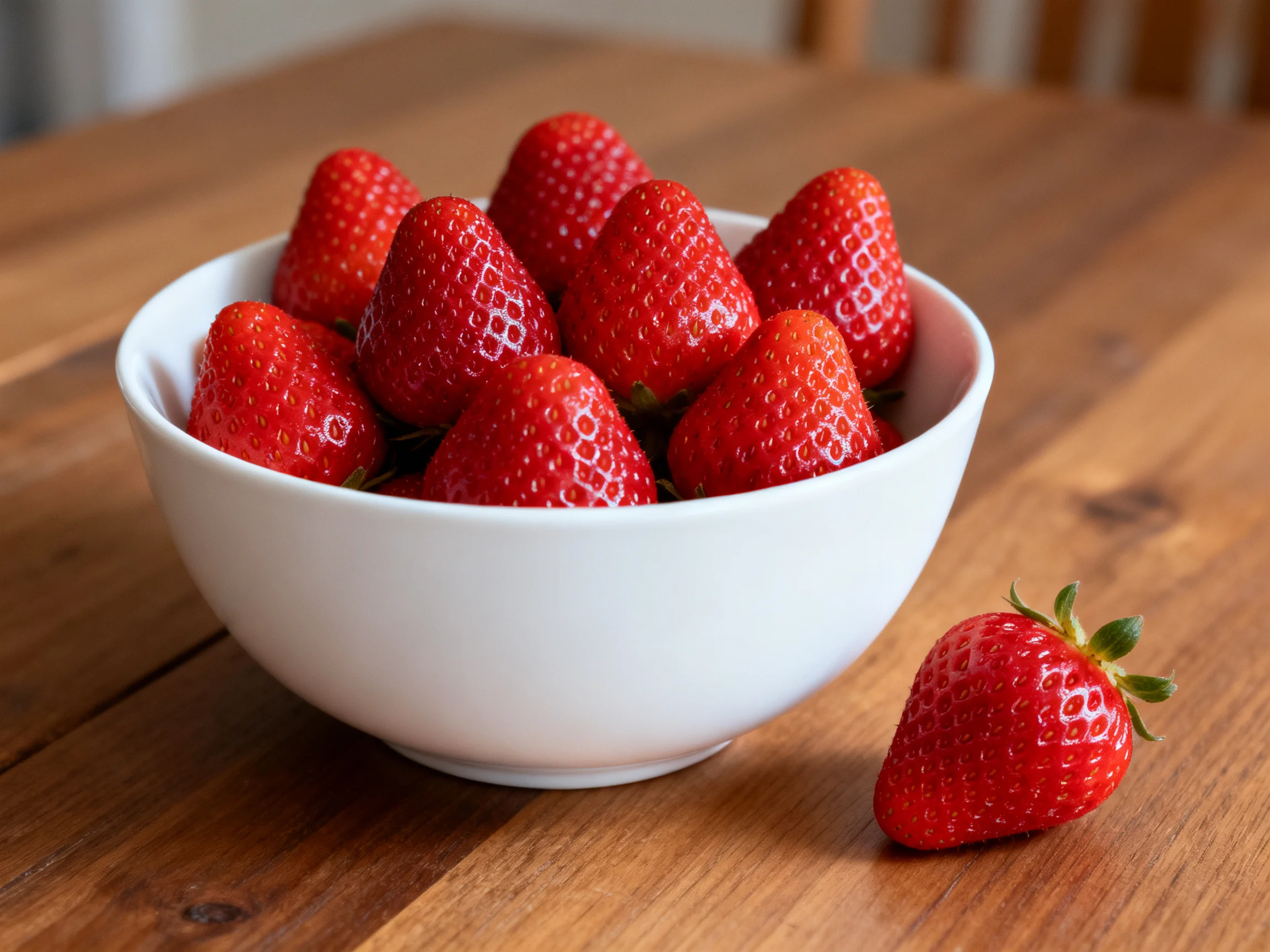 A white bowl overflowing with bright red strawberries on a wooden table