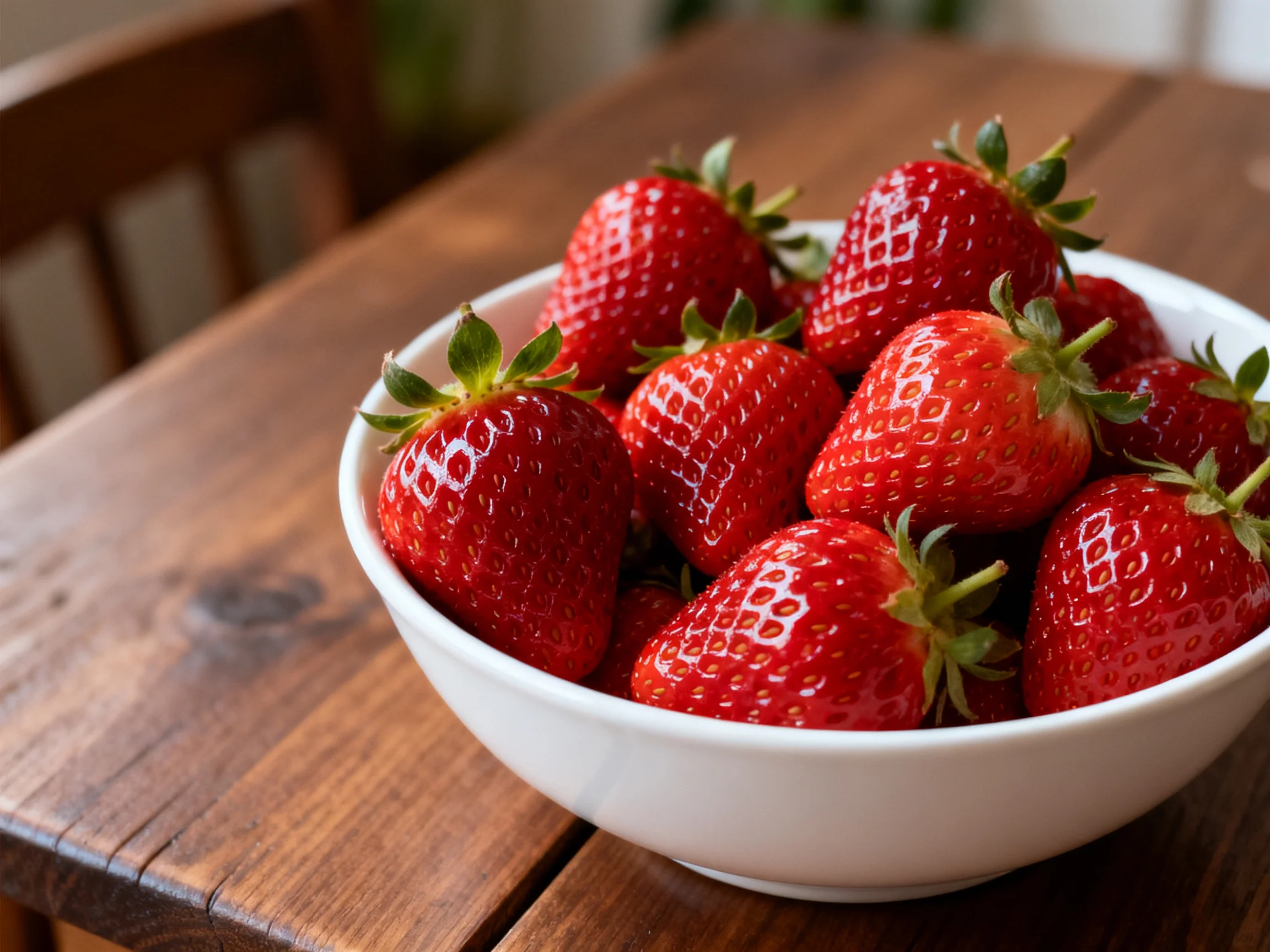 A white bowl overflowing with bright red strawberries on a wooden table