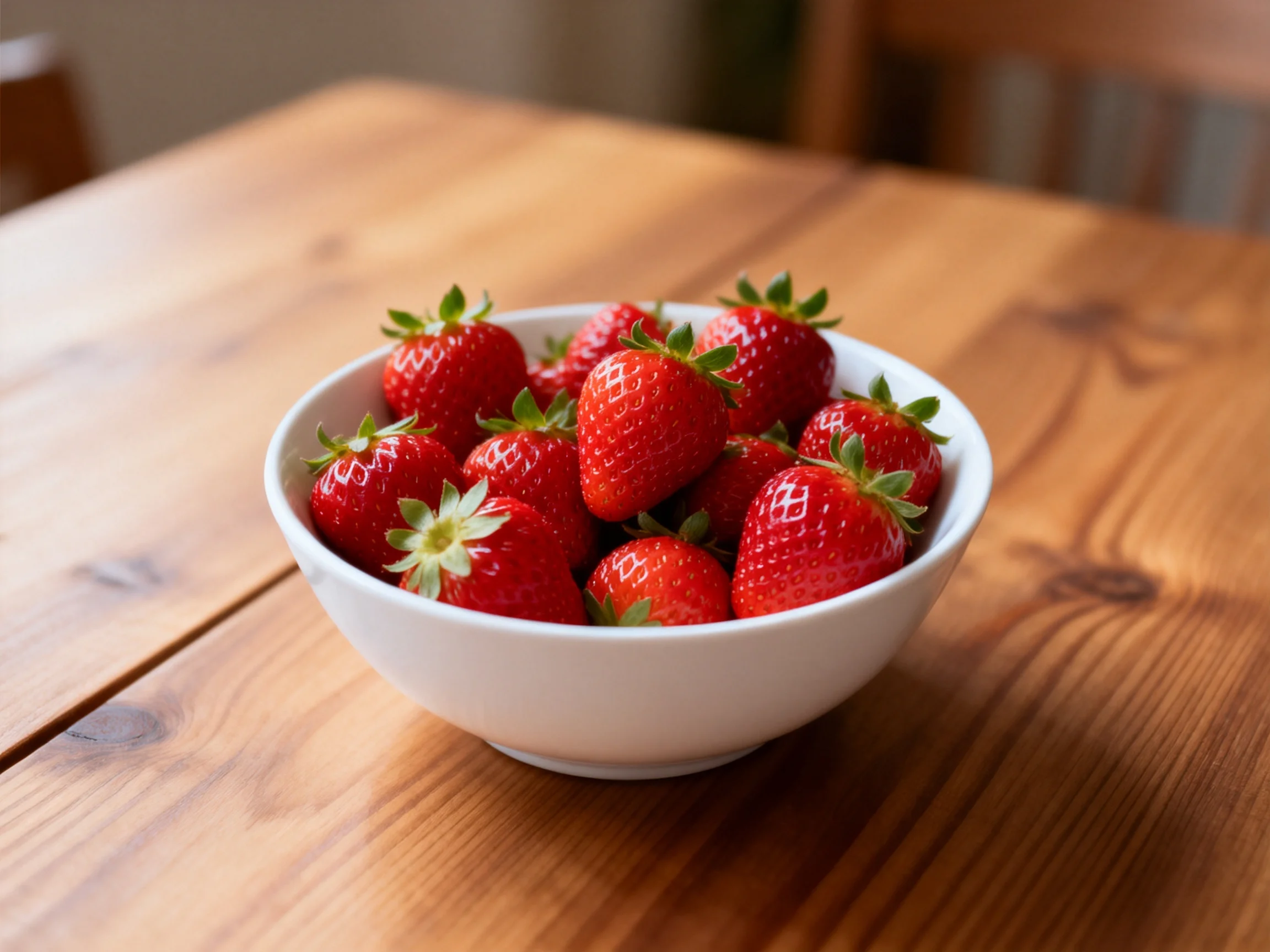 A white bowl overflowing with bright red strawberries on a wooden table.