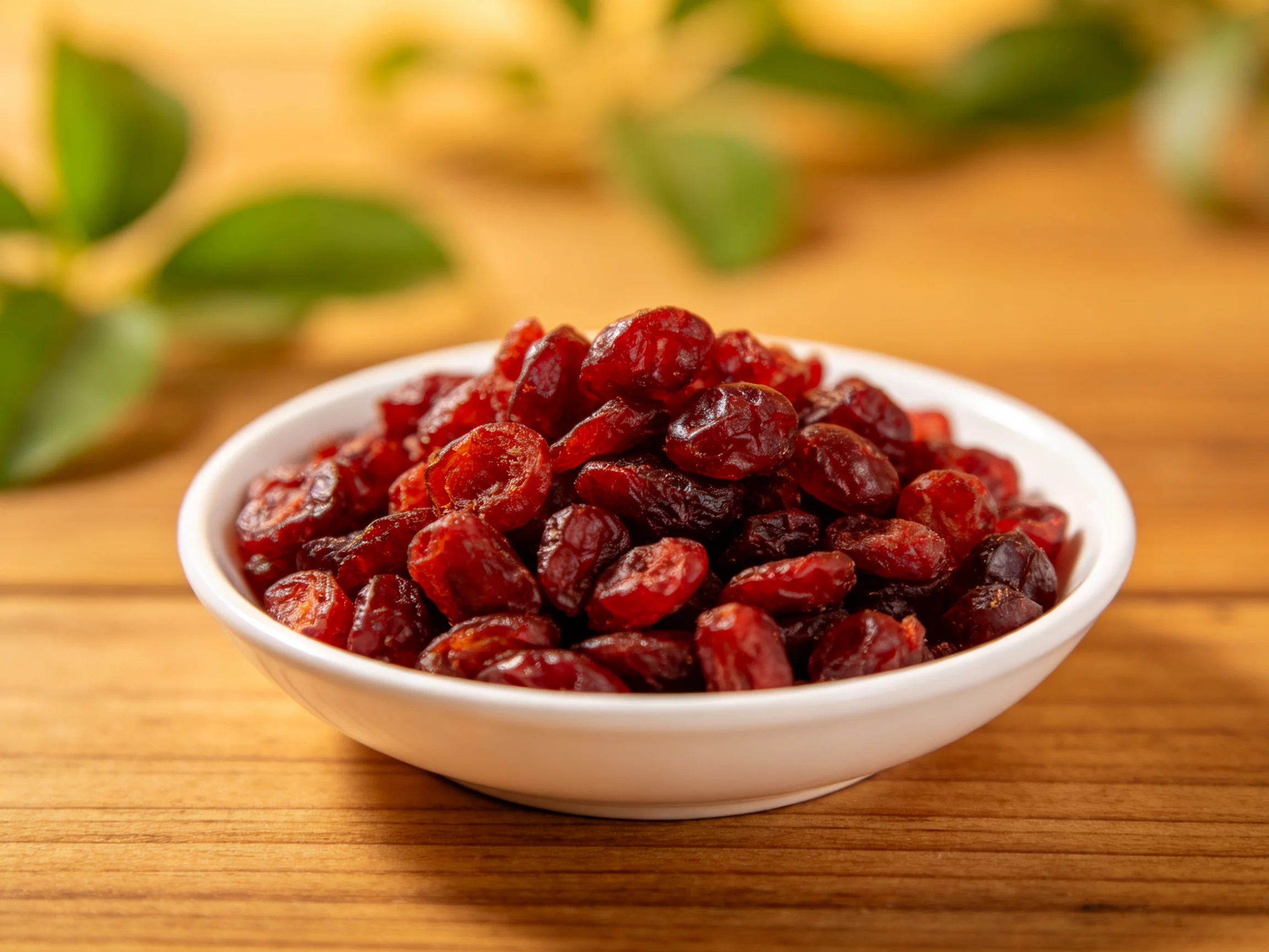 A white bowl overflowing with deep red dried berries on a wooden surface