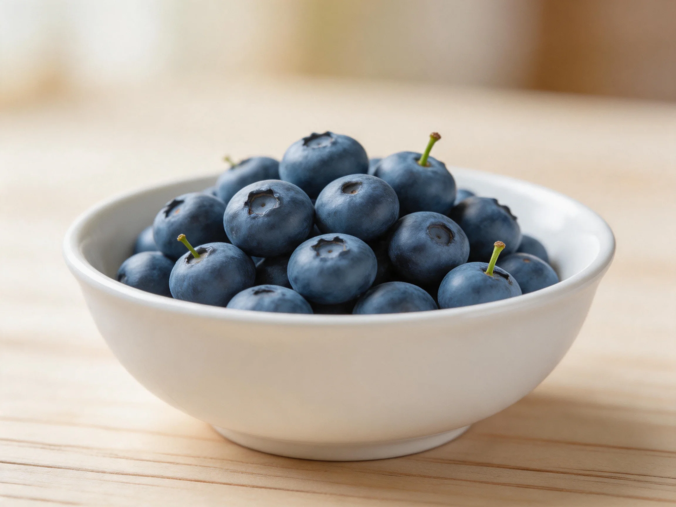 A white bowl overflowing with fresh blueberries