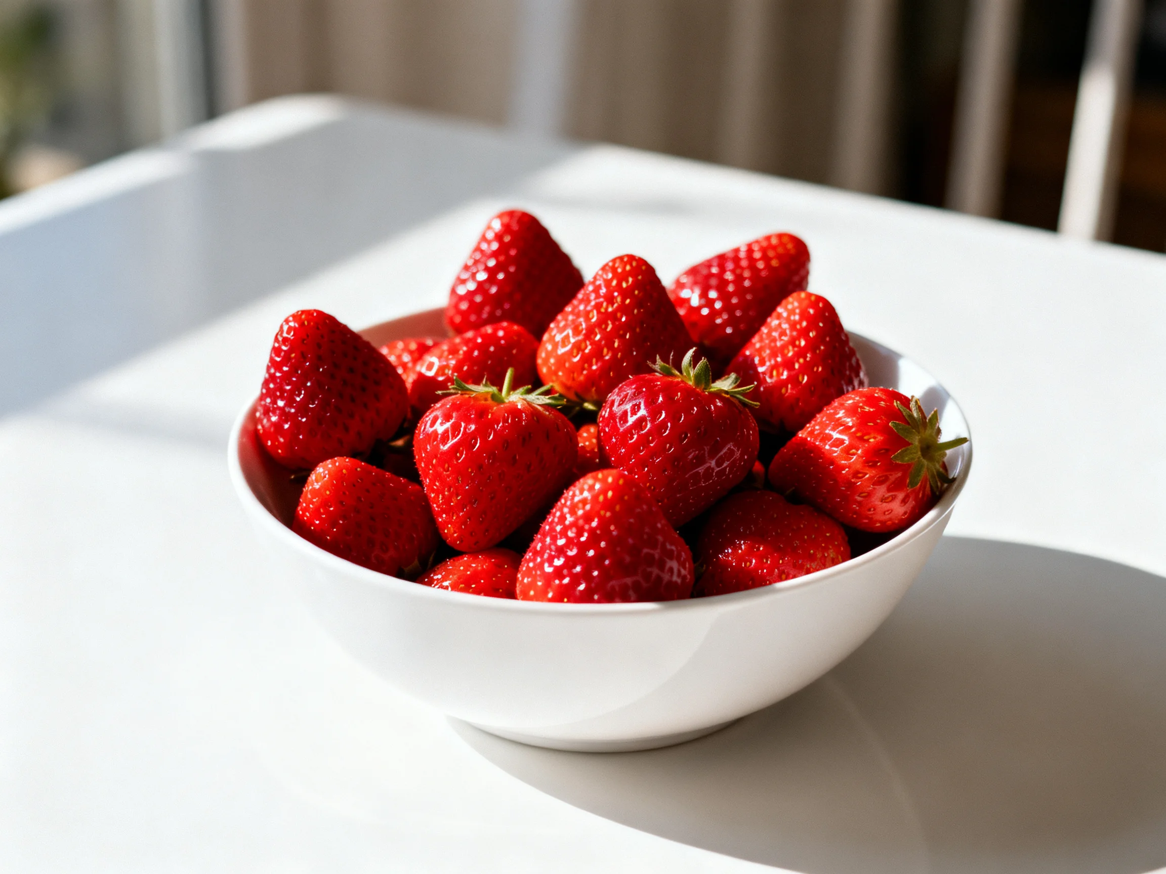A white bowl overflowing with fresh red strawberries on a white table