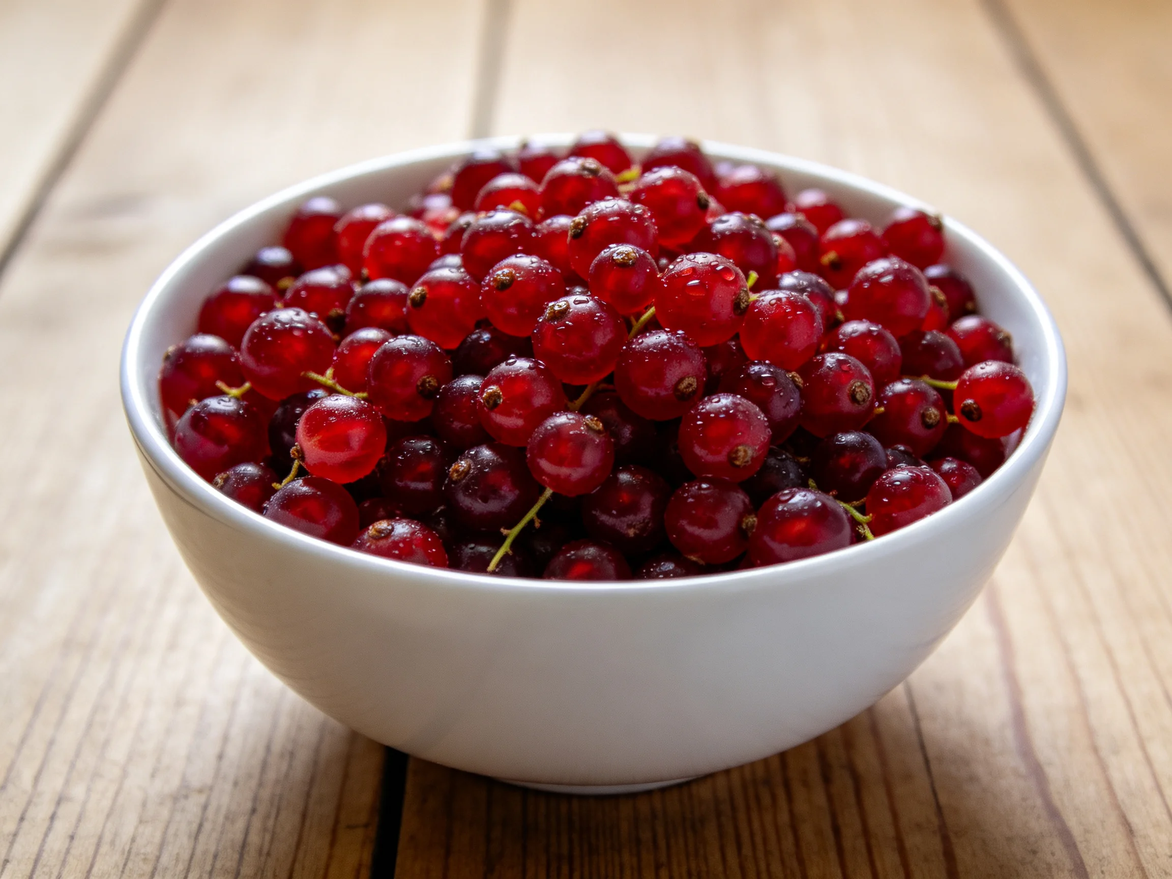 A white bowl overflowing with glossy red berries
