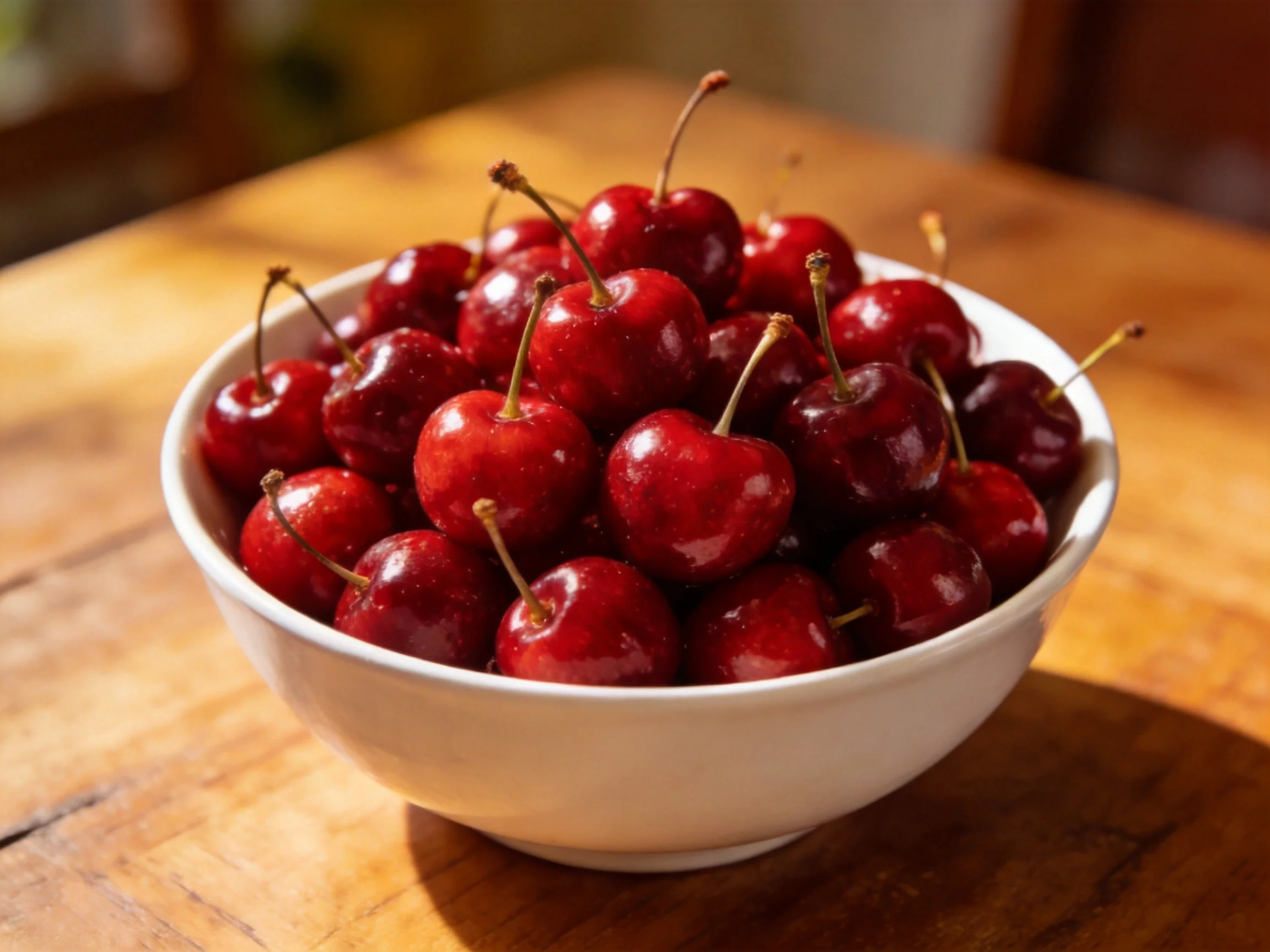 A white bowl overflowing with glossy red cherries on a wooden table