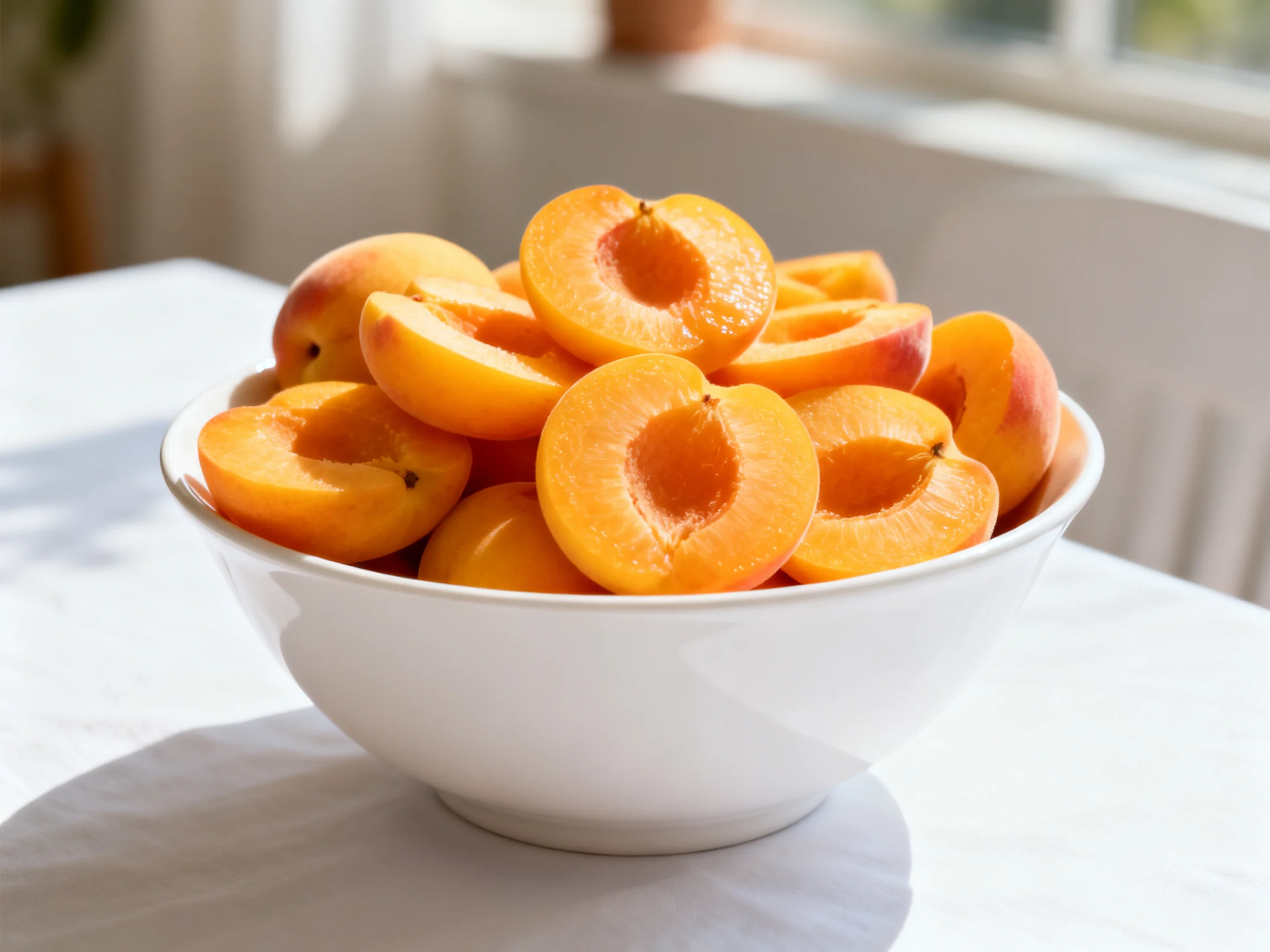 A white bowl overflowing with halved golden-orange apricots