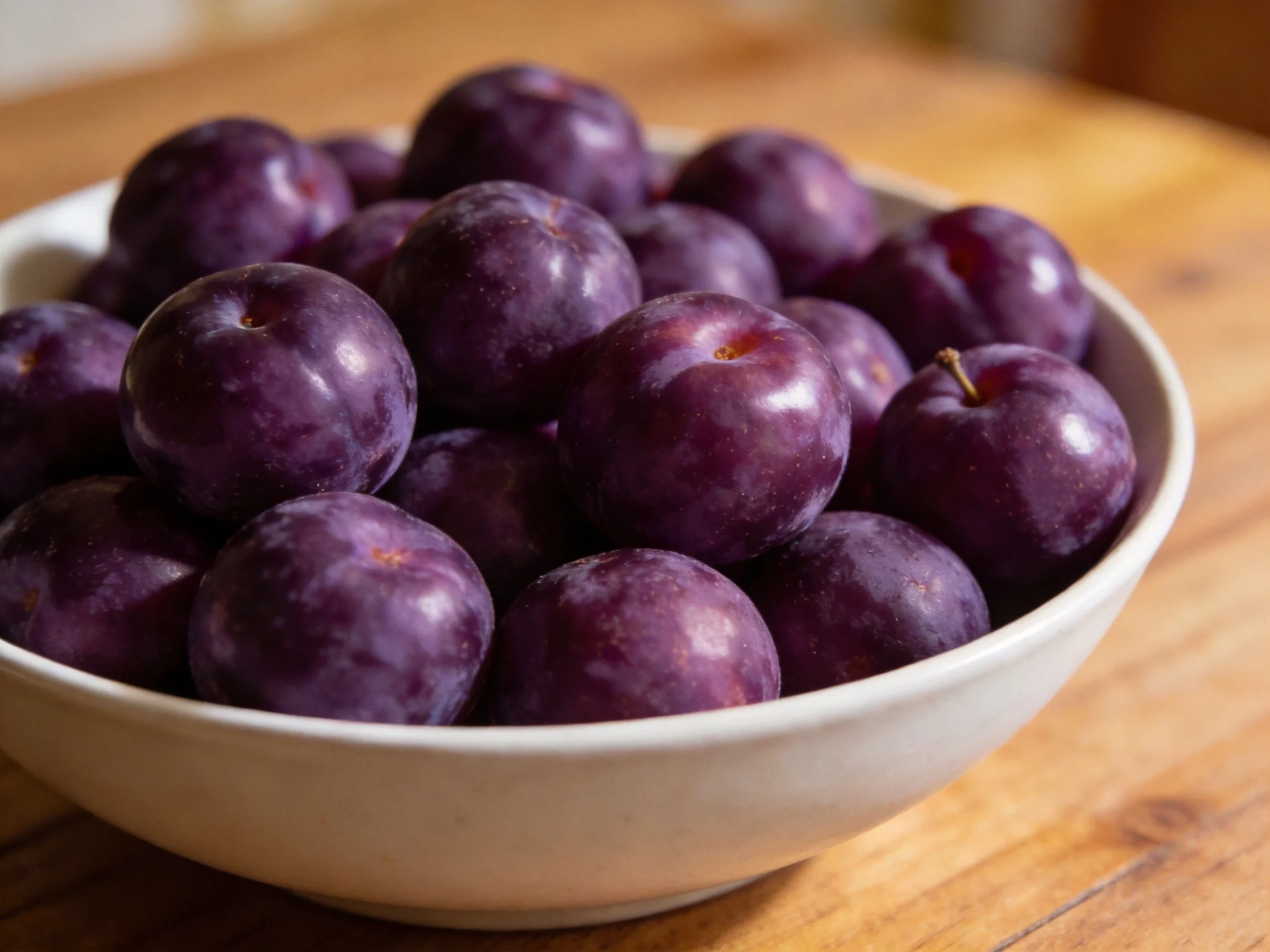 A white bowl overflowing with numerous deep purple plums on a wooden table