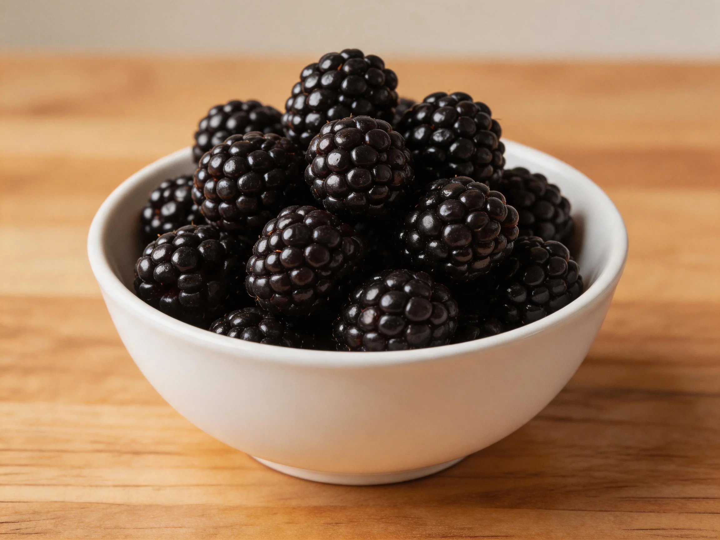 A white bowl overflowing with plump blackberries