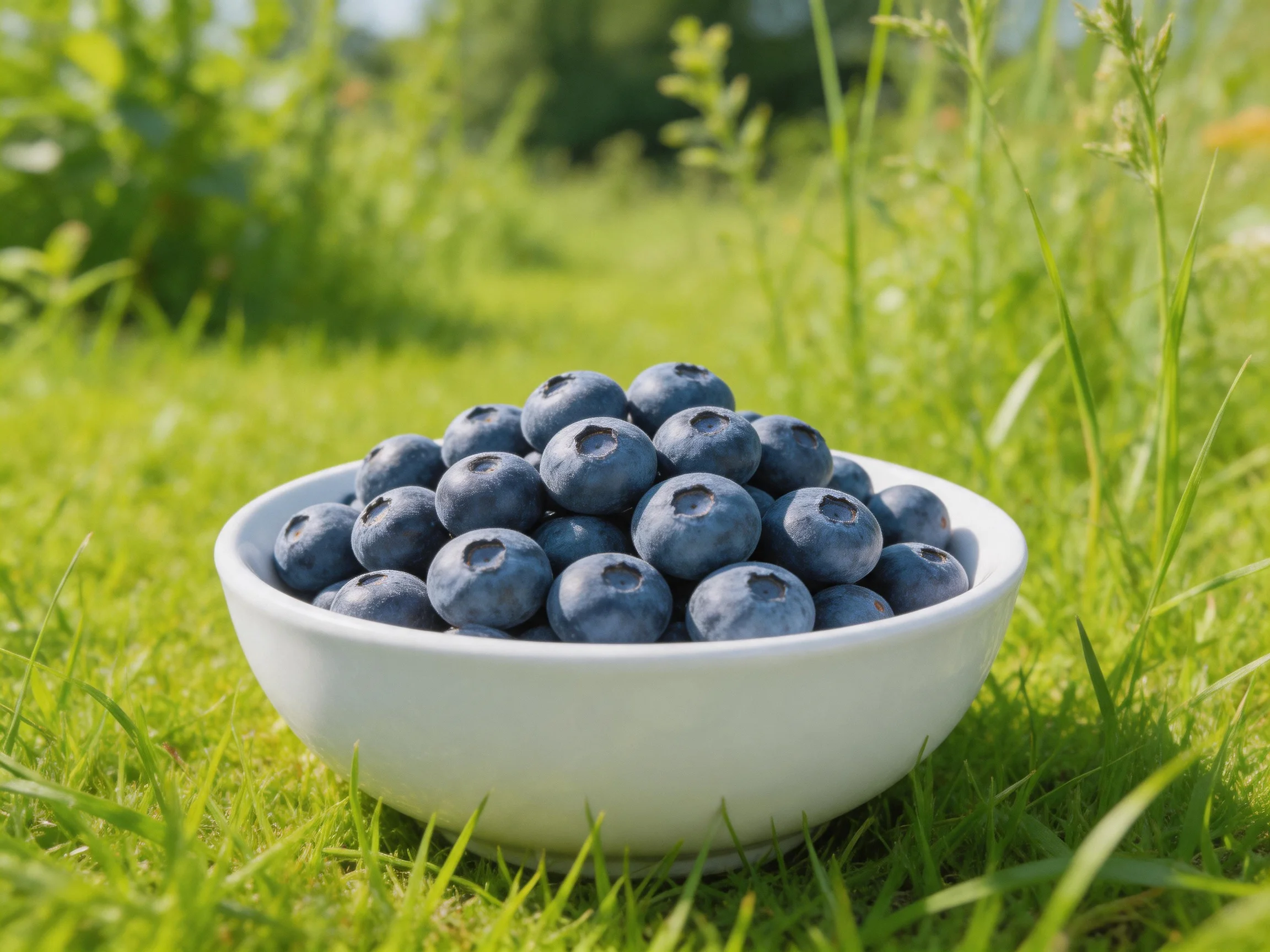 A white bowl overflowing with plump blueberries rests on lush green grass