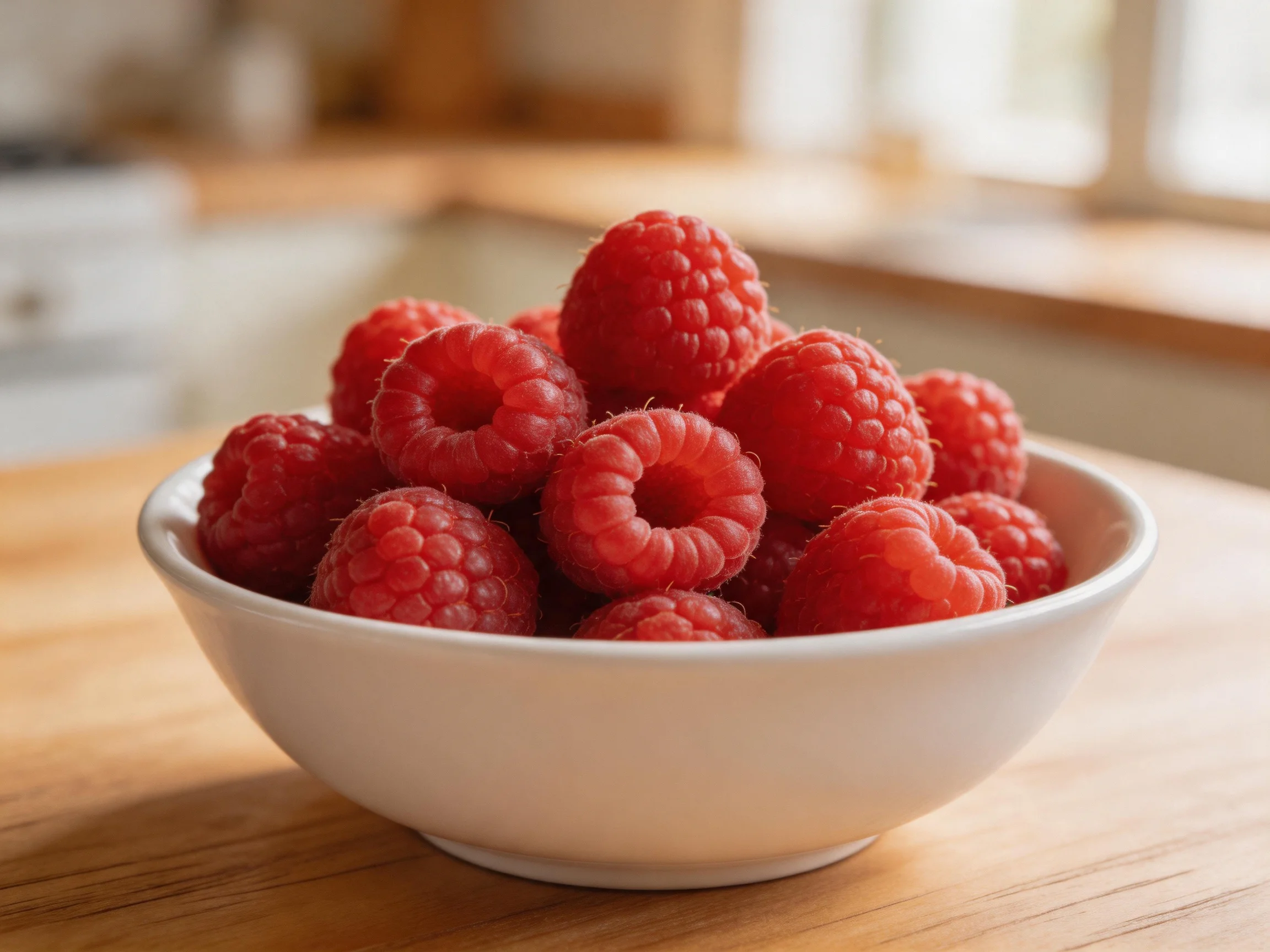 A white bowl overflowing with plump red raspberries on a wooden surface