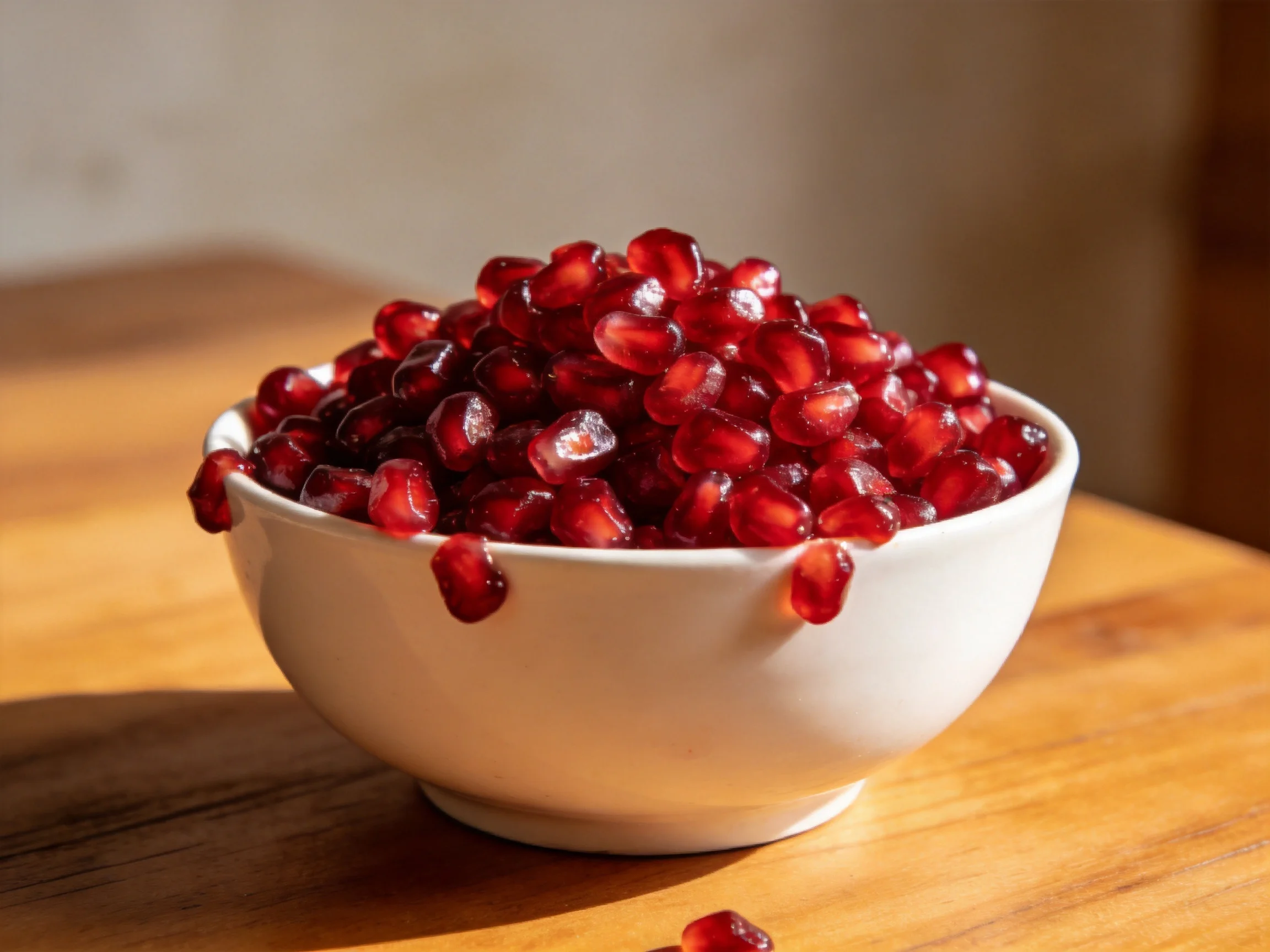 A white bowl overflowing with vibrant red pomegranate seeds