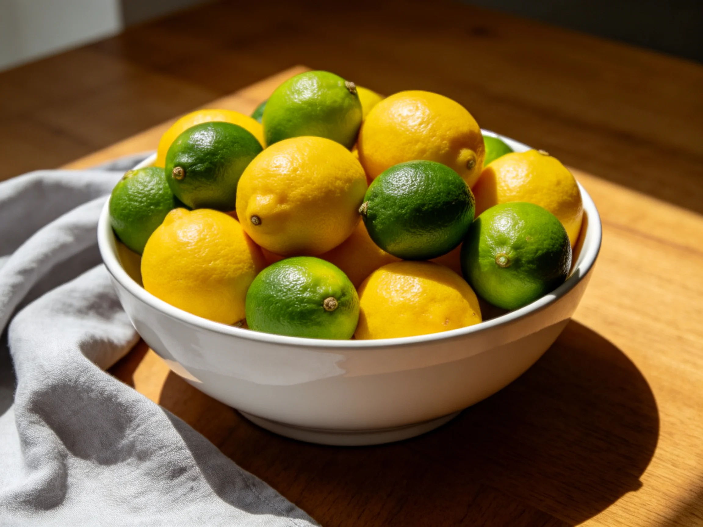 A white bowl overflowing with yellow lemons and green limes