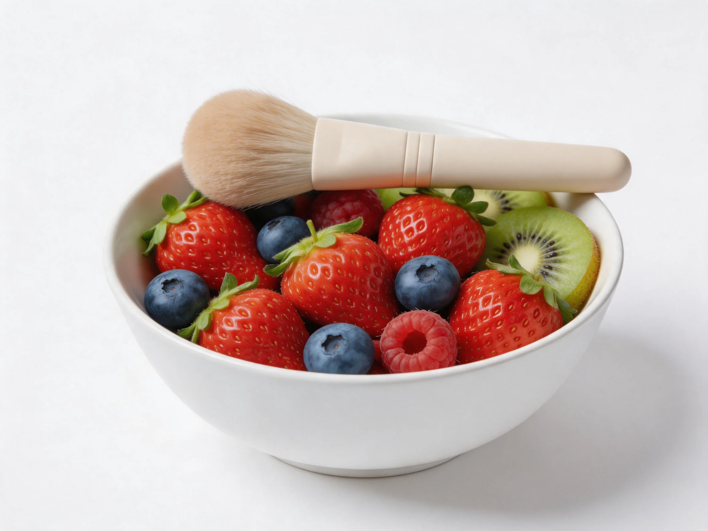 A white bowl with assorted berries and a makeup brush