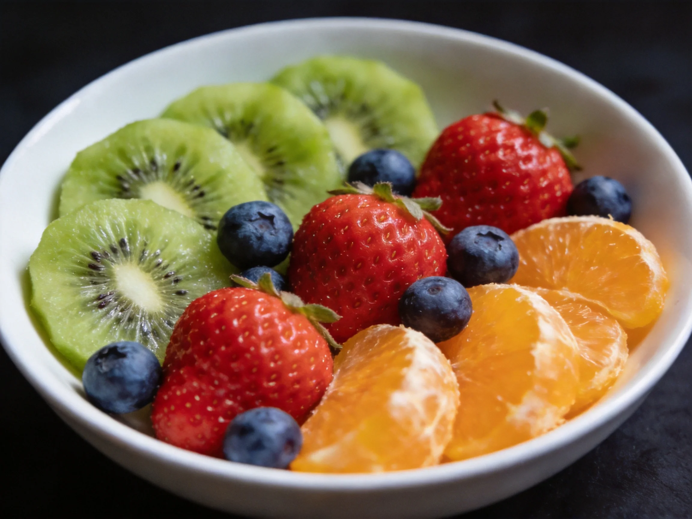 A white bowl with assorted fresh fruits including kiwi, strawberries, blueberries, and oranges