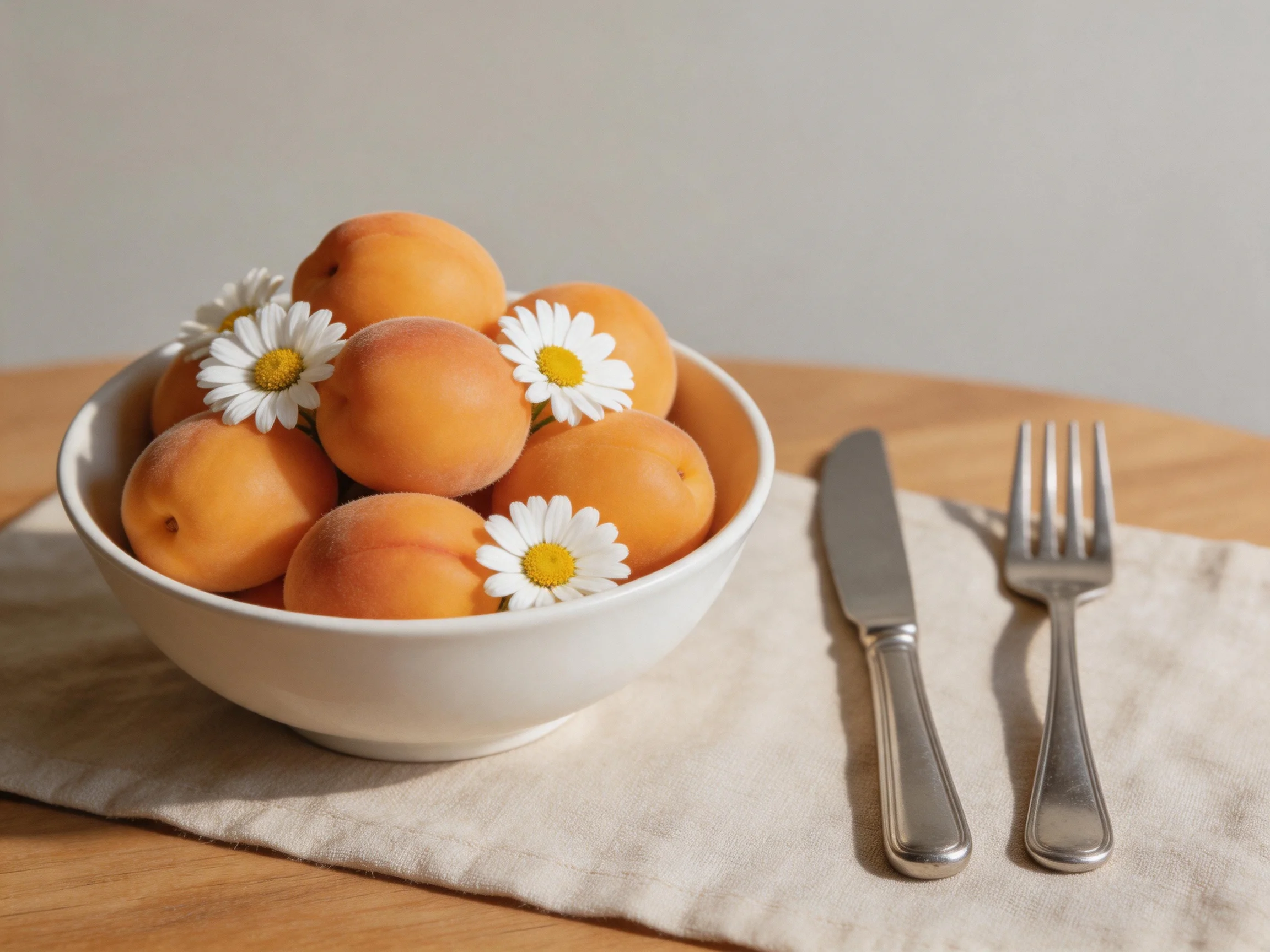 A white bowl with orange apricots and white daisies beside silverware