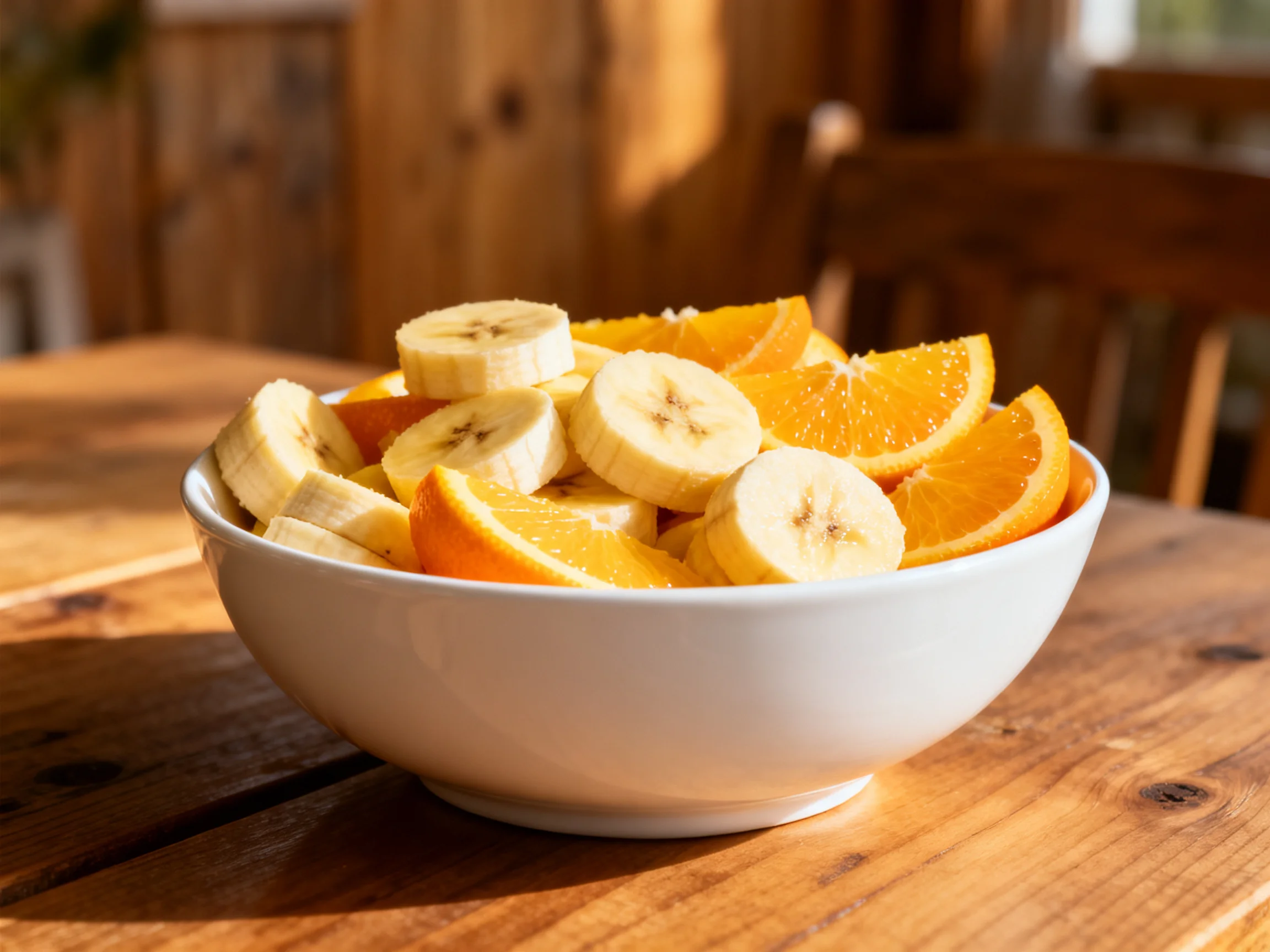 A white bowl with sliced bananas and orange slices on a wooden table