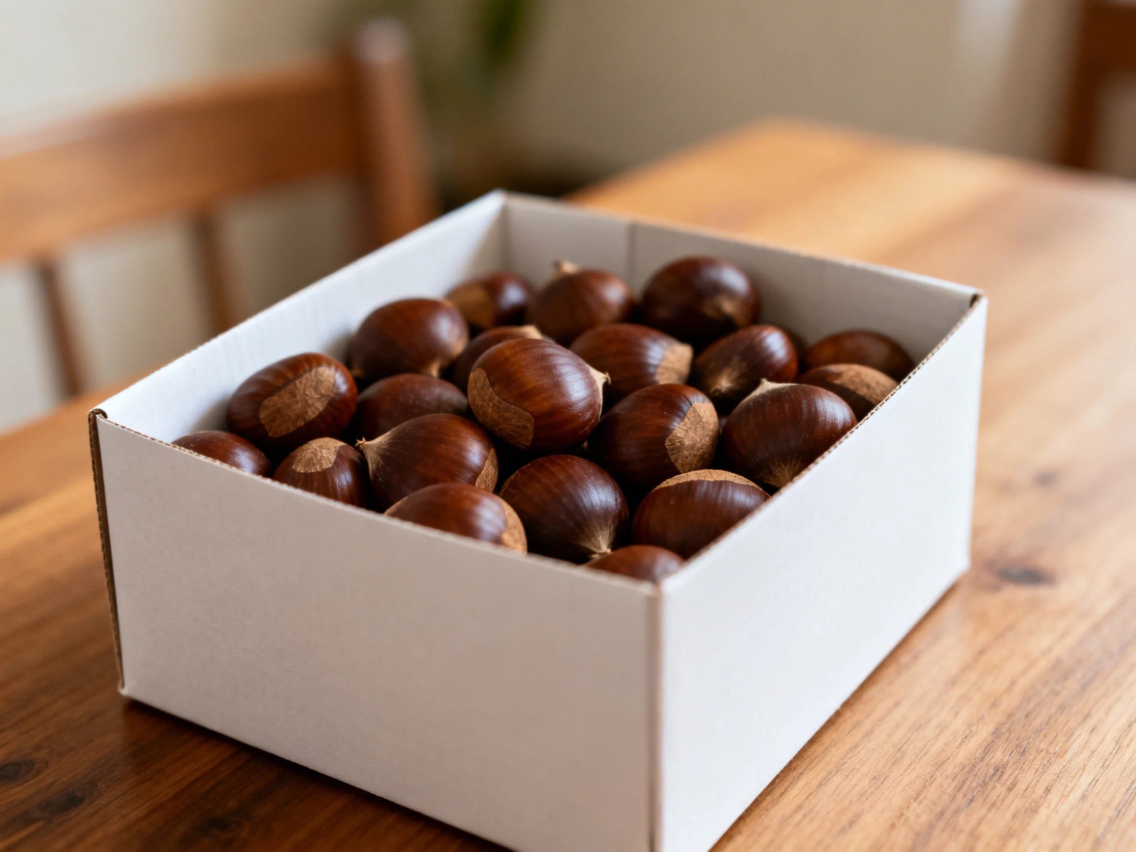 A white box holds glossy brown chestnuts on a wooden table