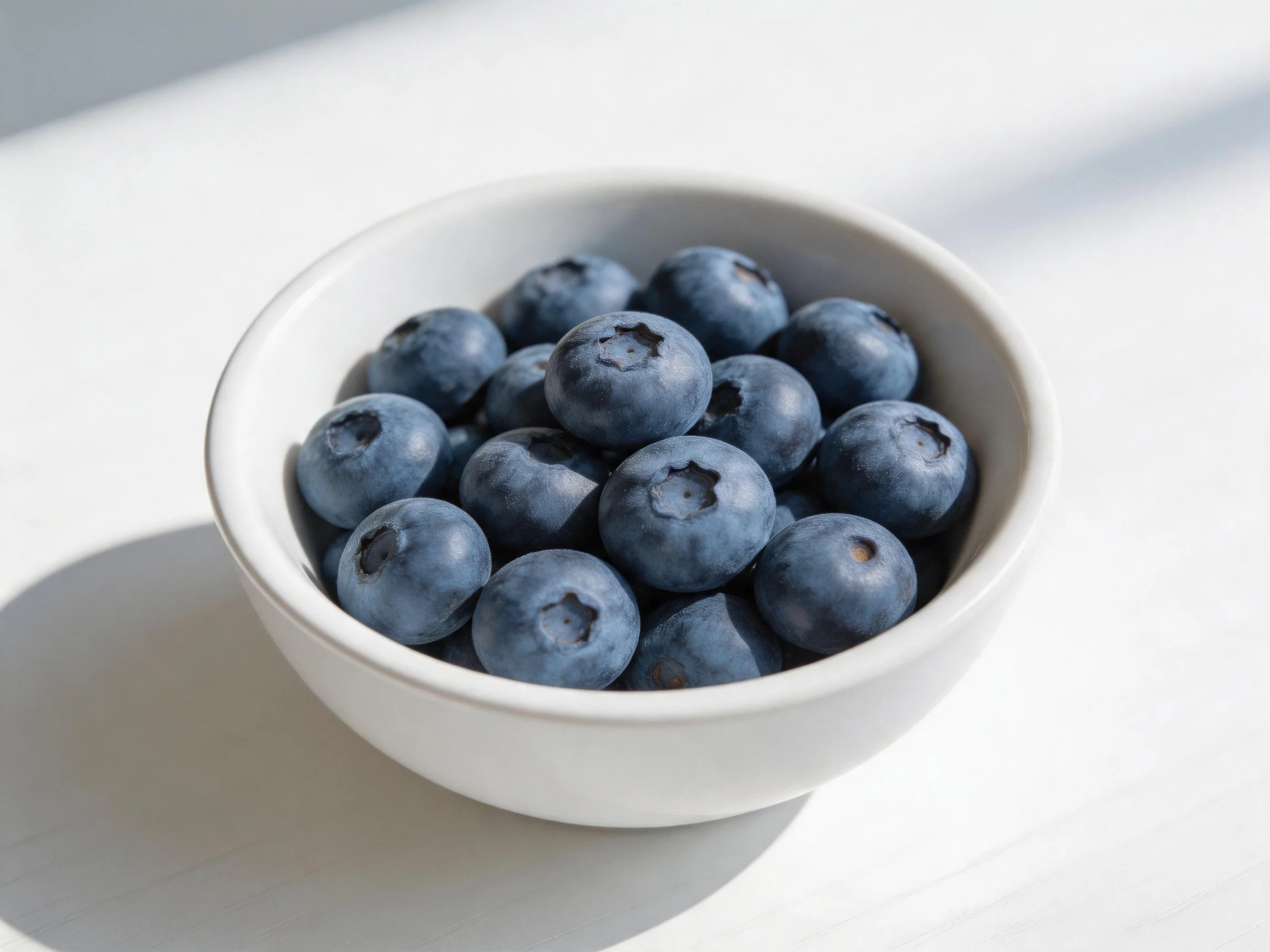 A white ceramic bowl containing plump blueberries on a bright surface