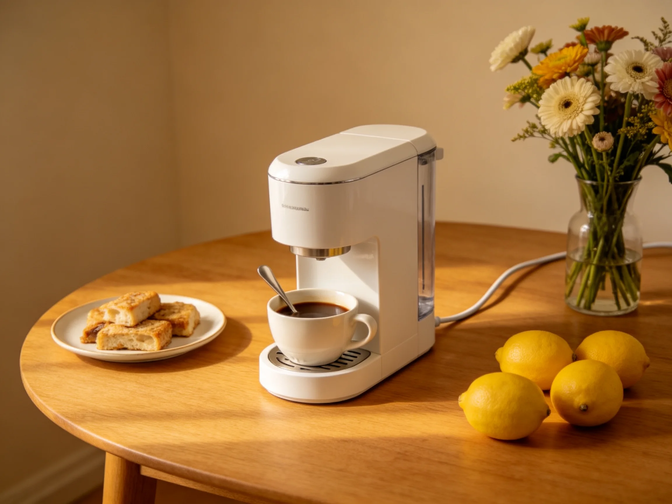 A white coffee maker on a wooden table with lemons, pastries, and flowers