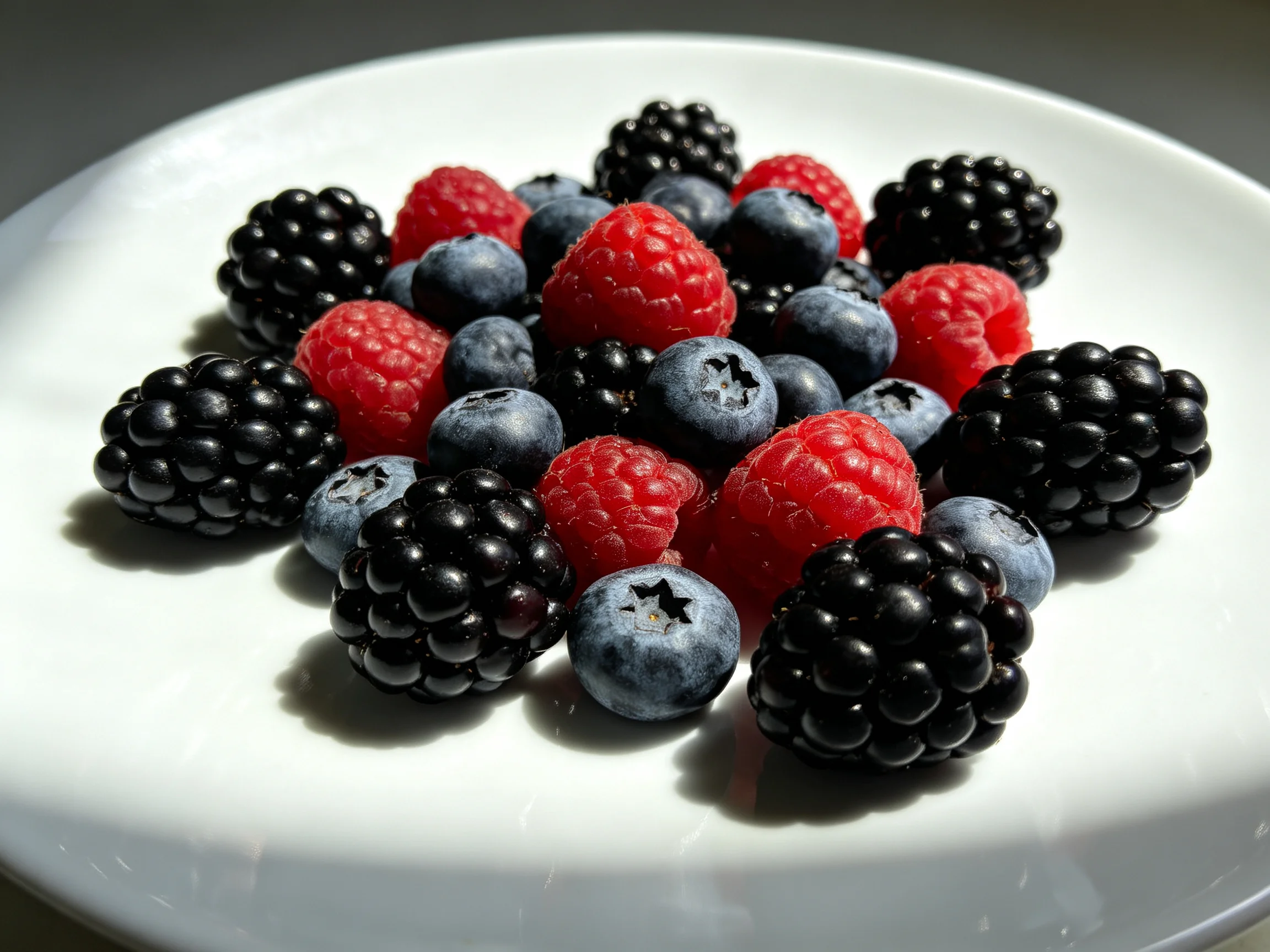 A white plate displays an assortment of fresh blackberries, raspberries, and blueberries