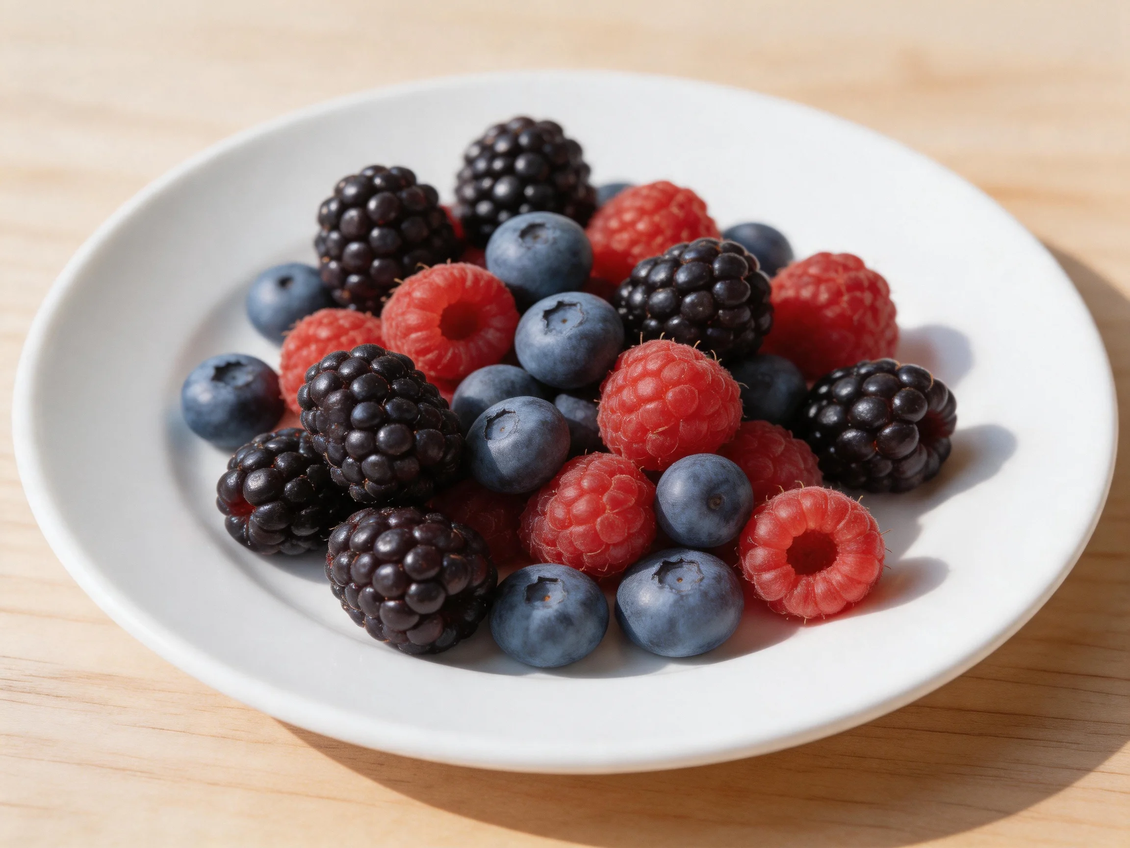 A white plate displays assorted berries—blackberries, raspberries, blueberries.