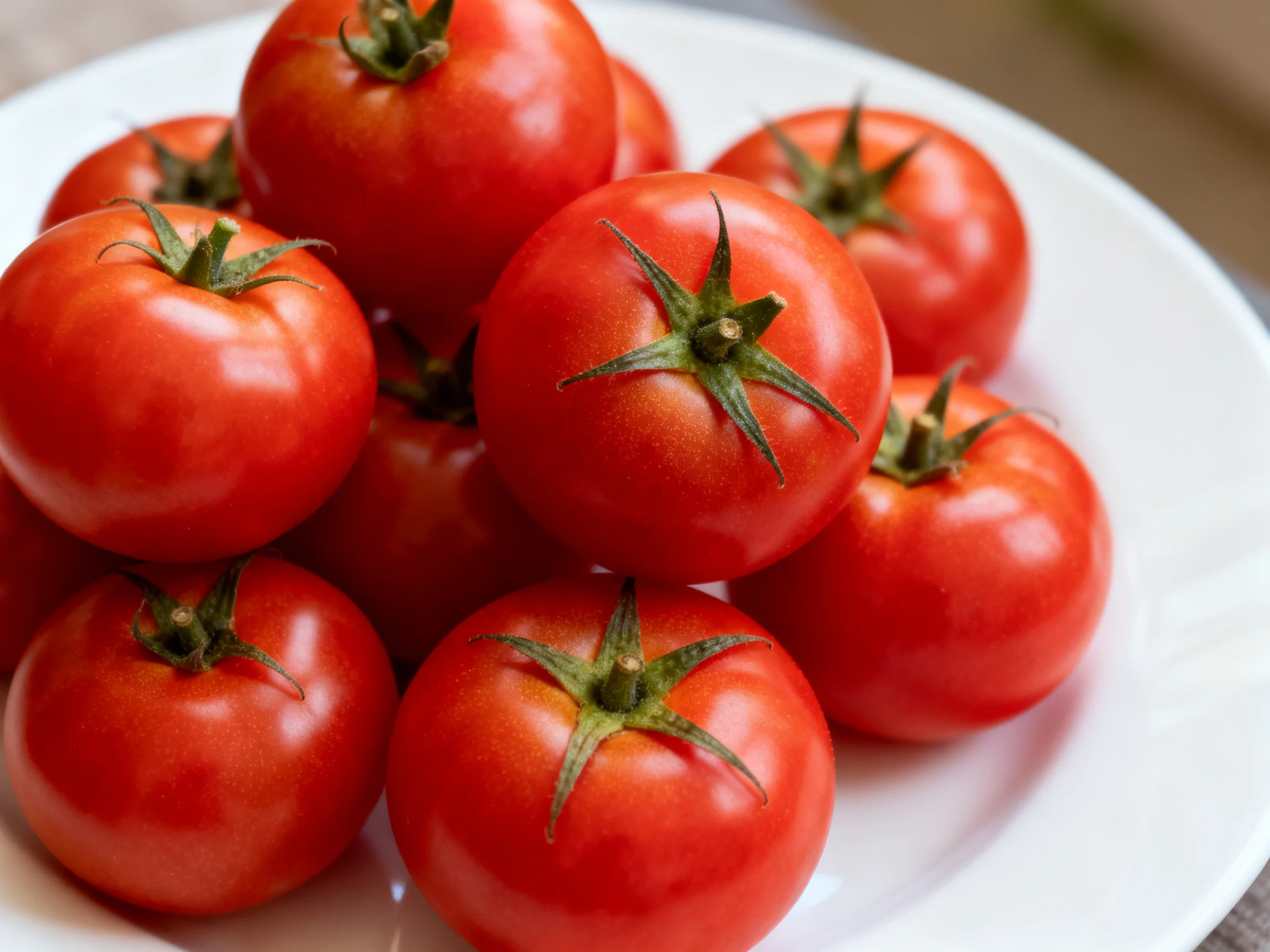 A white plate filled with fresh, bright red tomatoes clustered together
