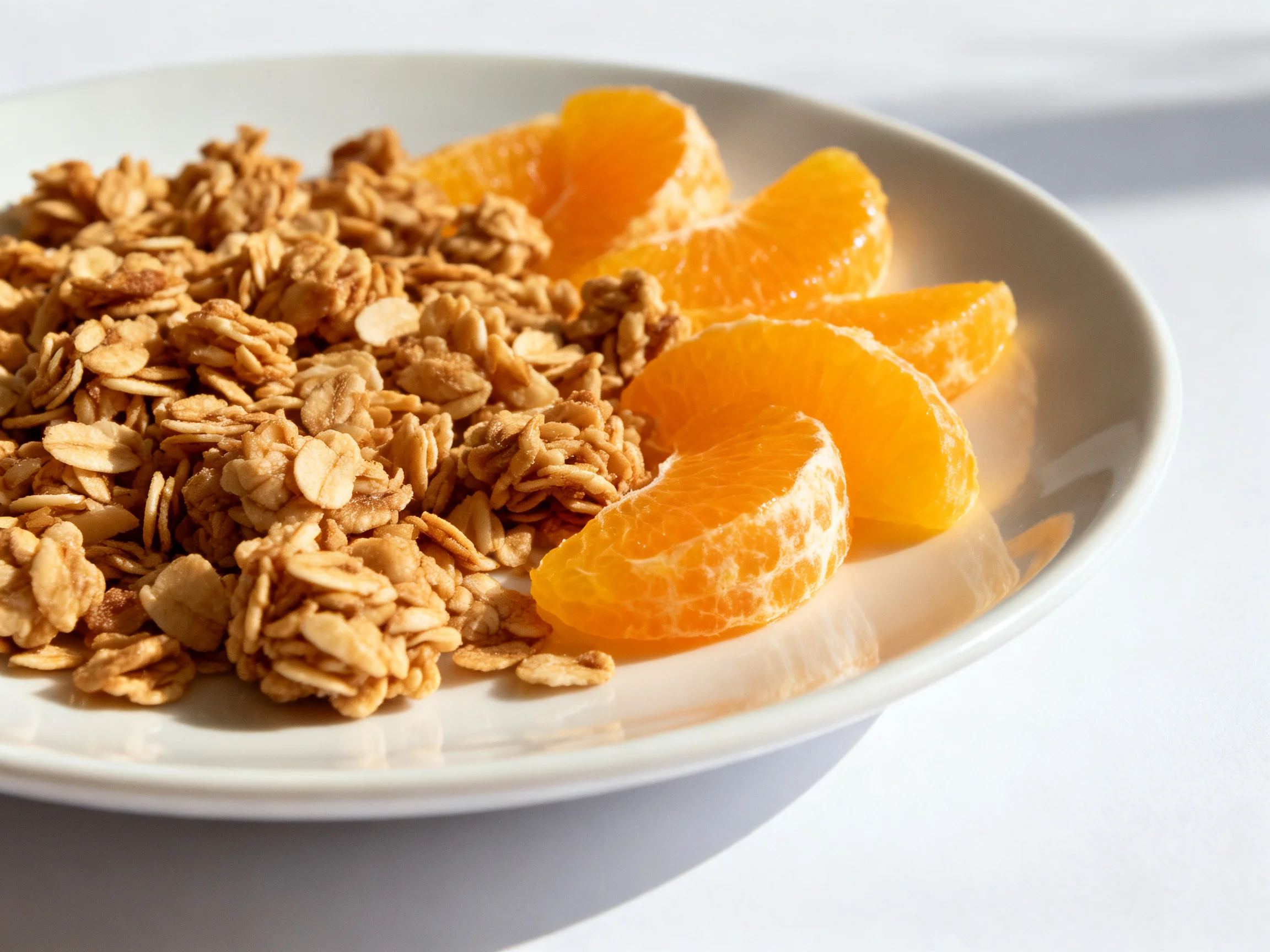 A white plate holds crunchy granola and bright orange fruit slices