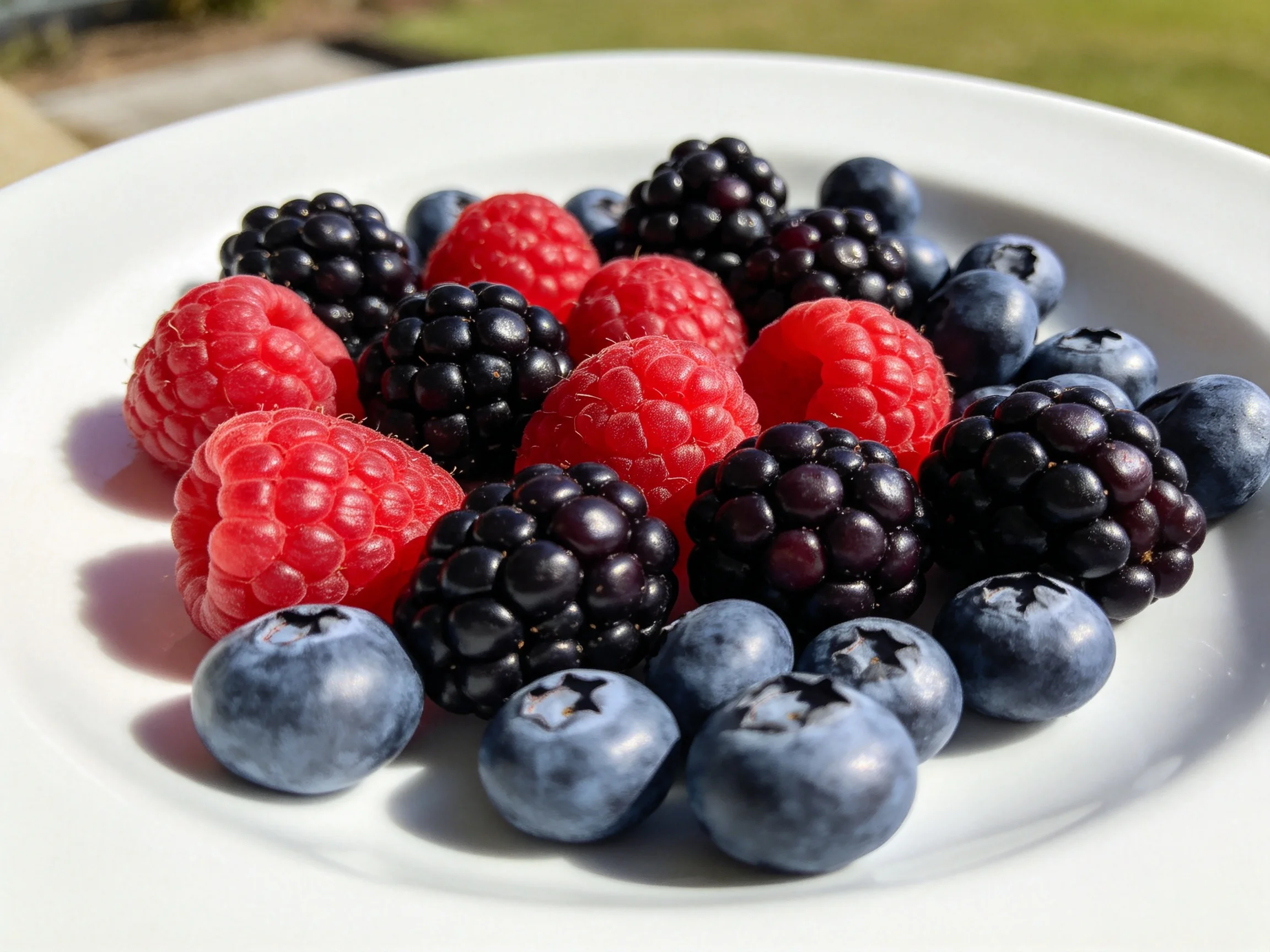 A white plate holds vibrant raspberries, glossy blackberries, and plump blueberries.