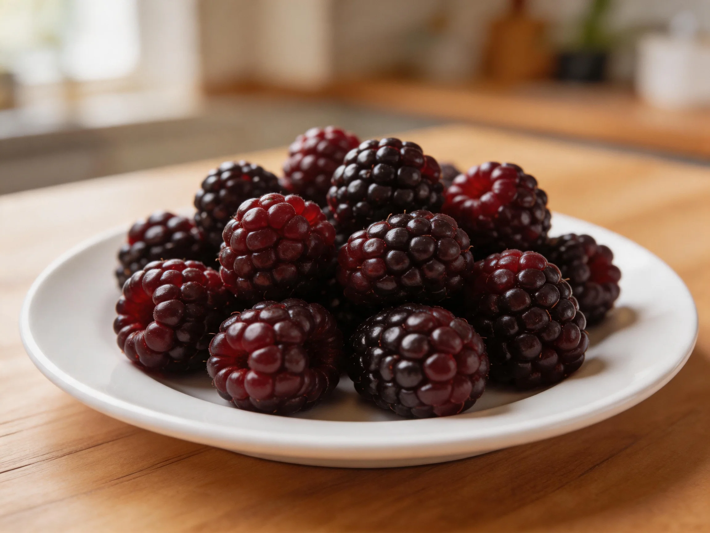 A white plate piled with dark purple-red berries on a wooden surface