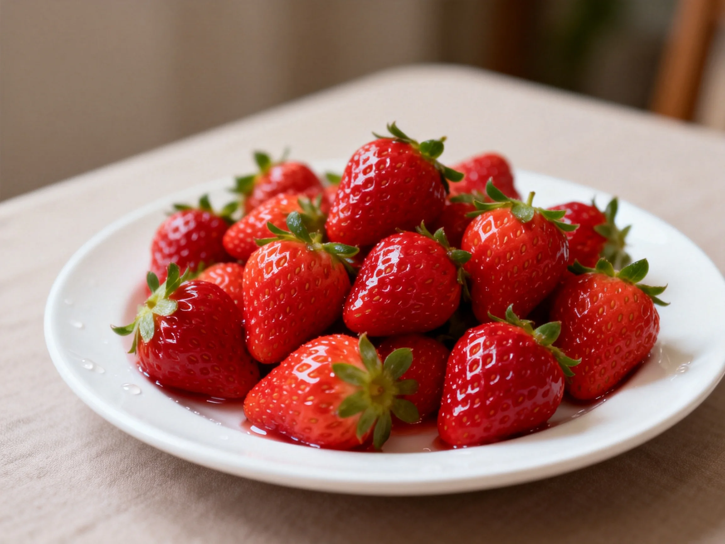 A white plate piled with fresh red strawberries