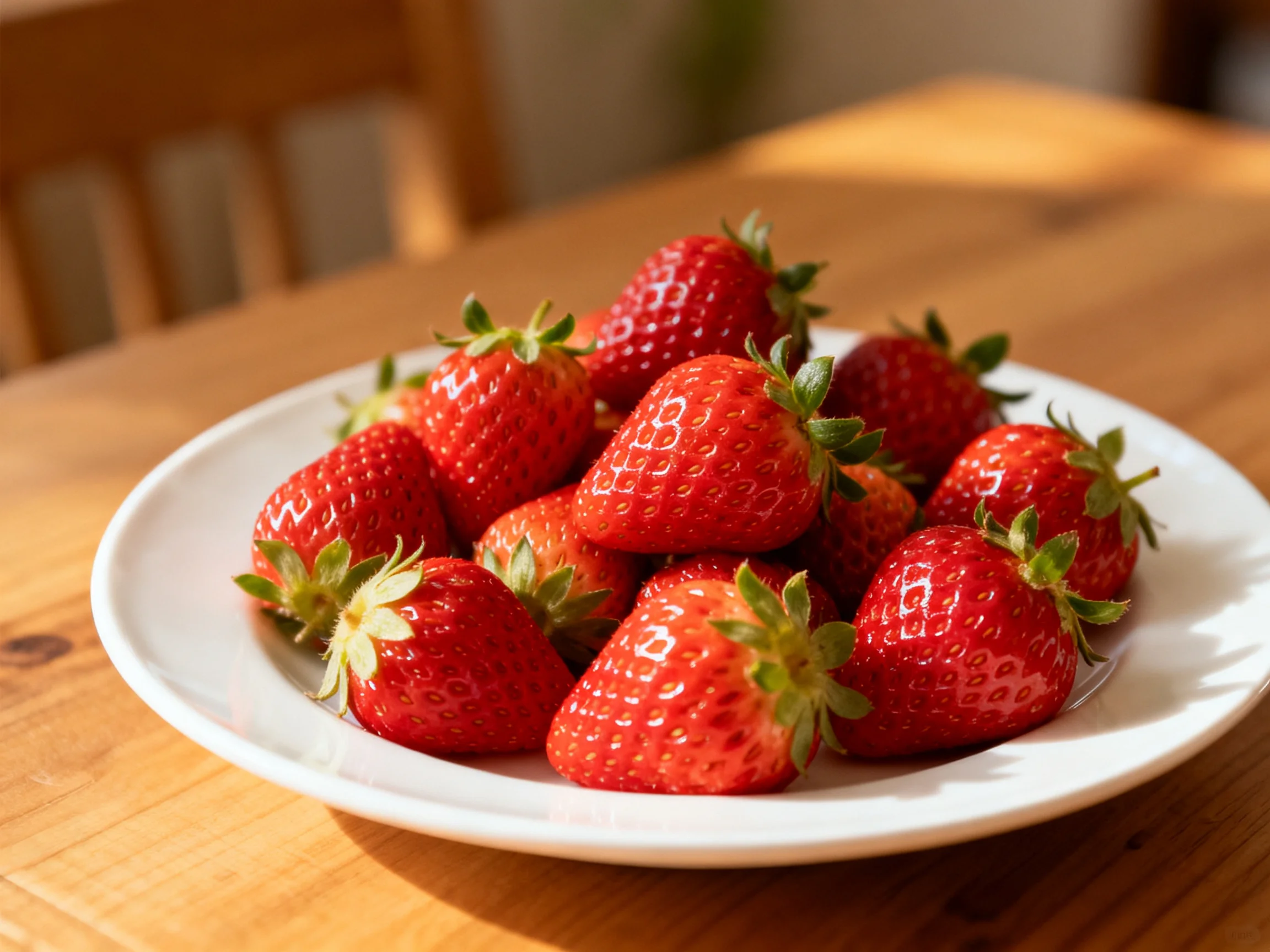 A white plate piled with vibrant red strawberries on a wooden table