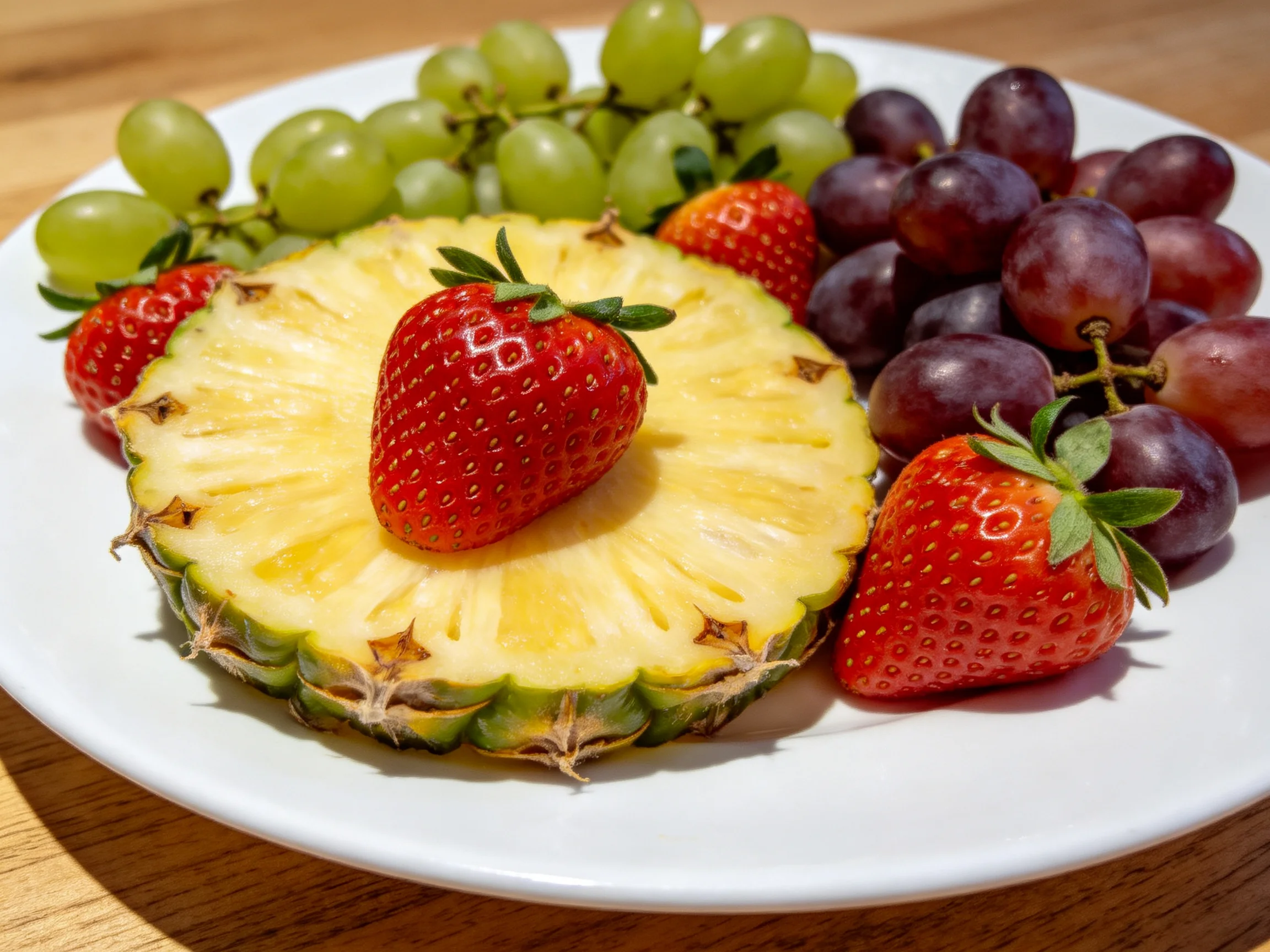 A white plate showcases fresh fruits including pineapple slices, strawberries, green grapes, and dark