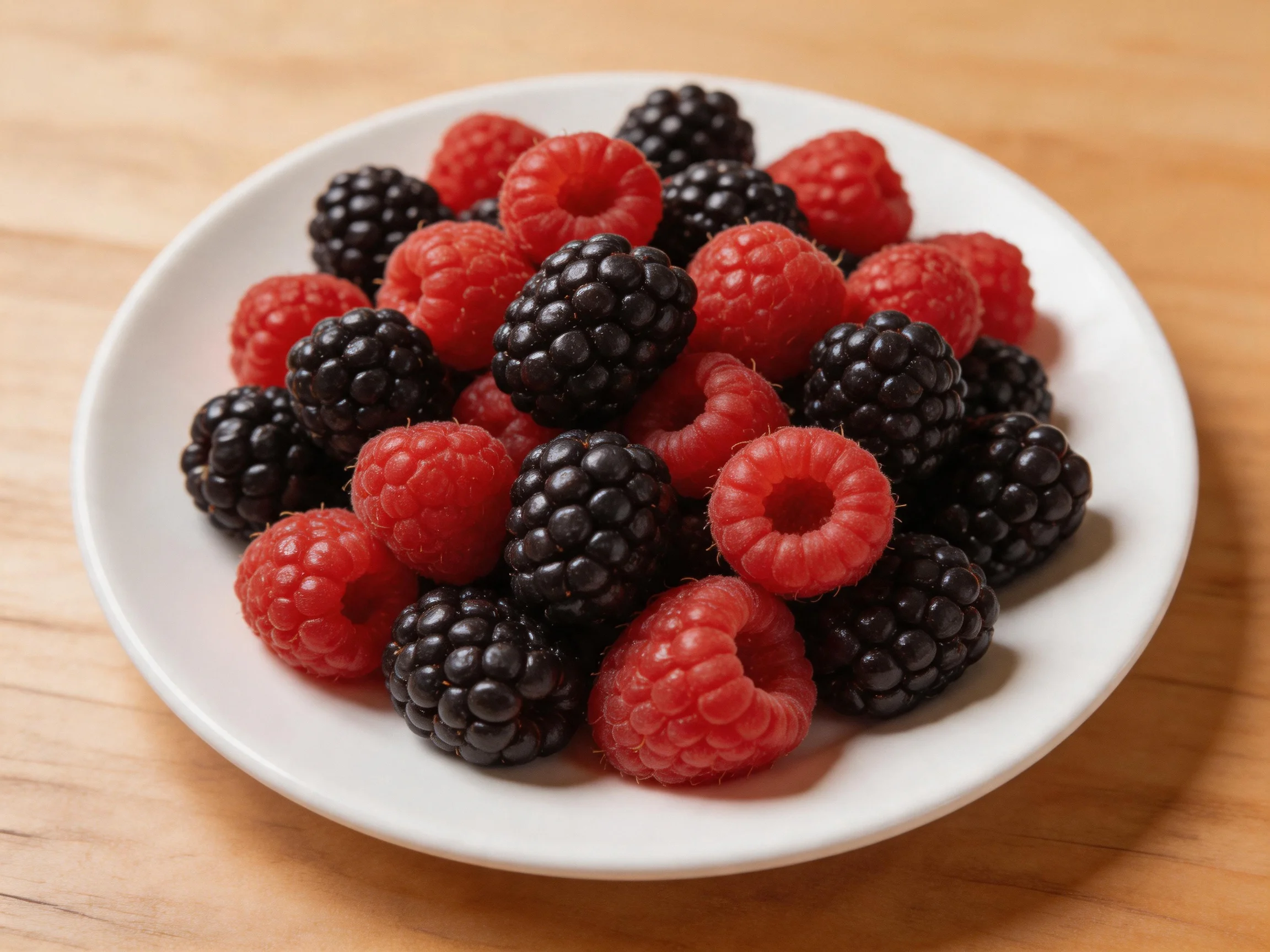 A white plate showcases vibrant red raspberries and dark blackberries