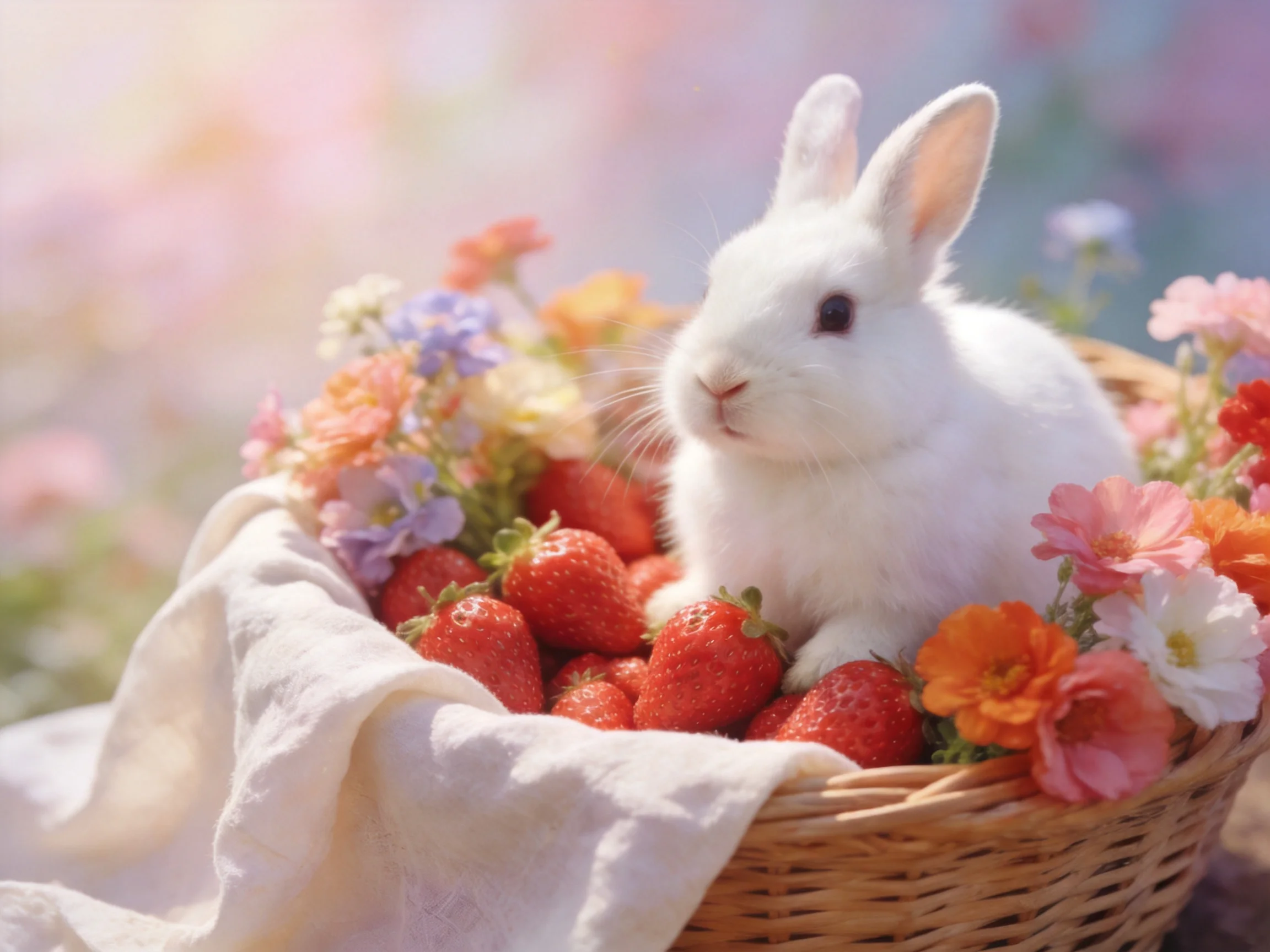 A white rabbit among strawberries and vibrant flowers in a wicker basket