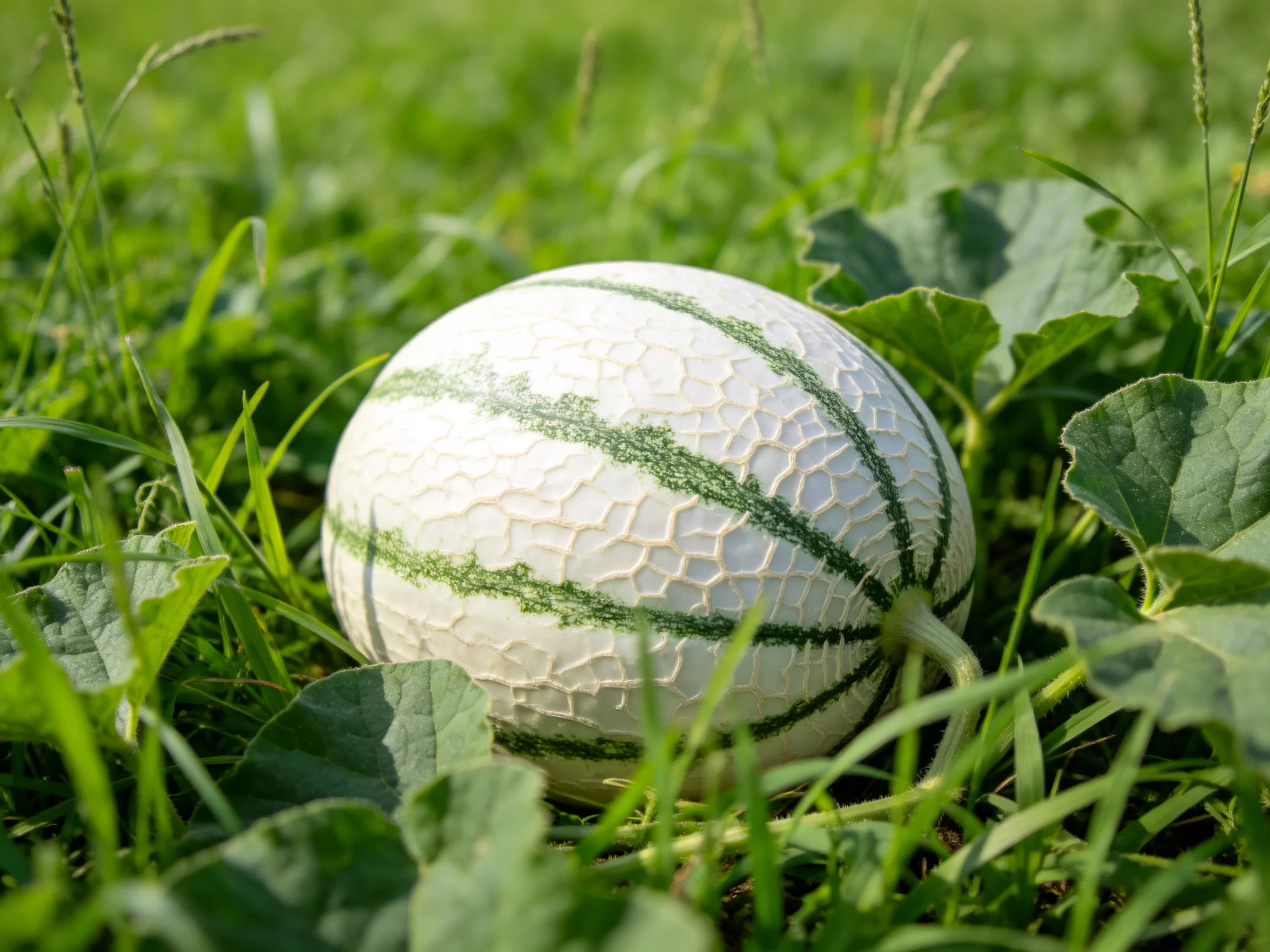 A white striped melon nestled among lush green grass and leaves