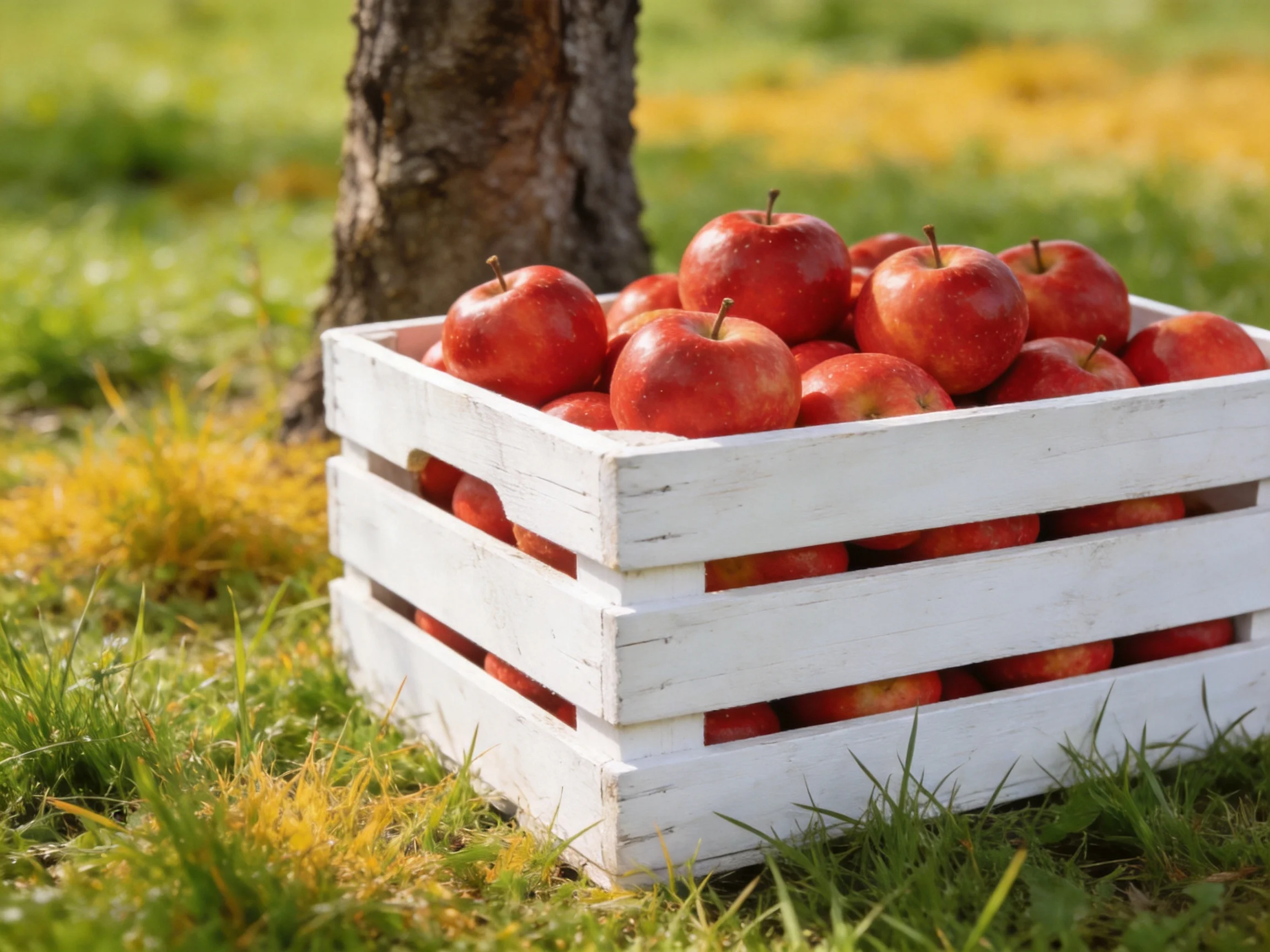A white wooden crate overflowing with red apples near a tree