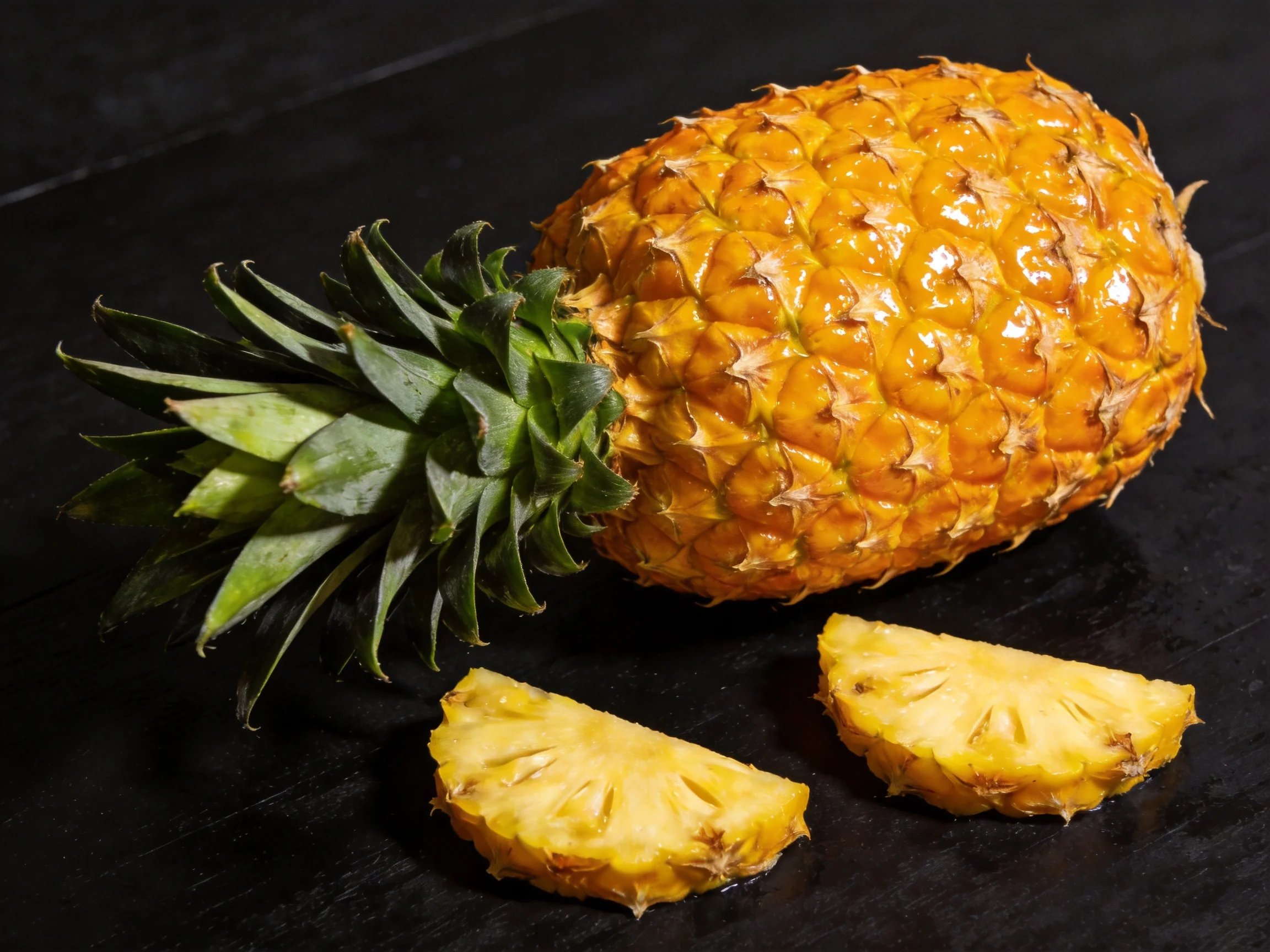 A whole golden pineapple with two sliced pieces on a dark surface