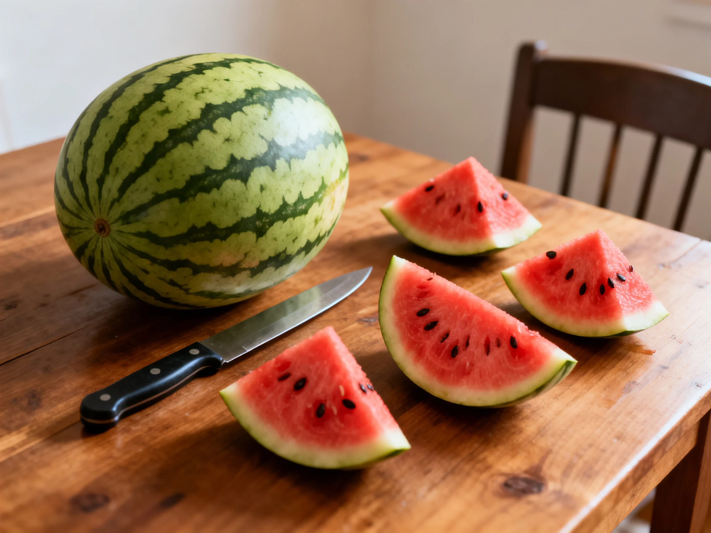 A whole green-striped watermelon with four red slices on a wooden table