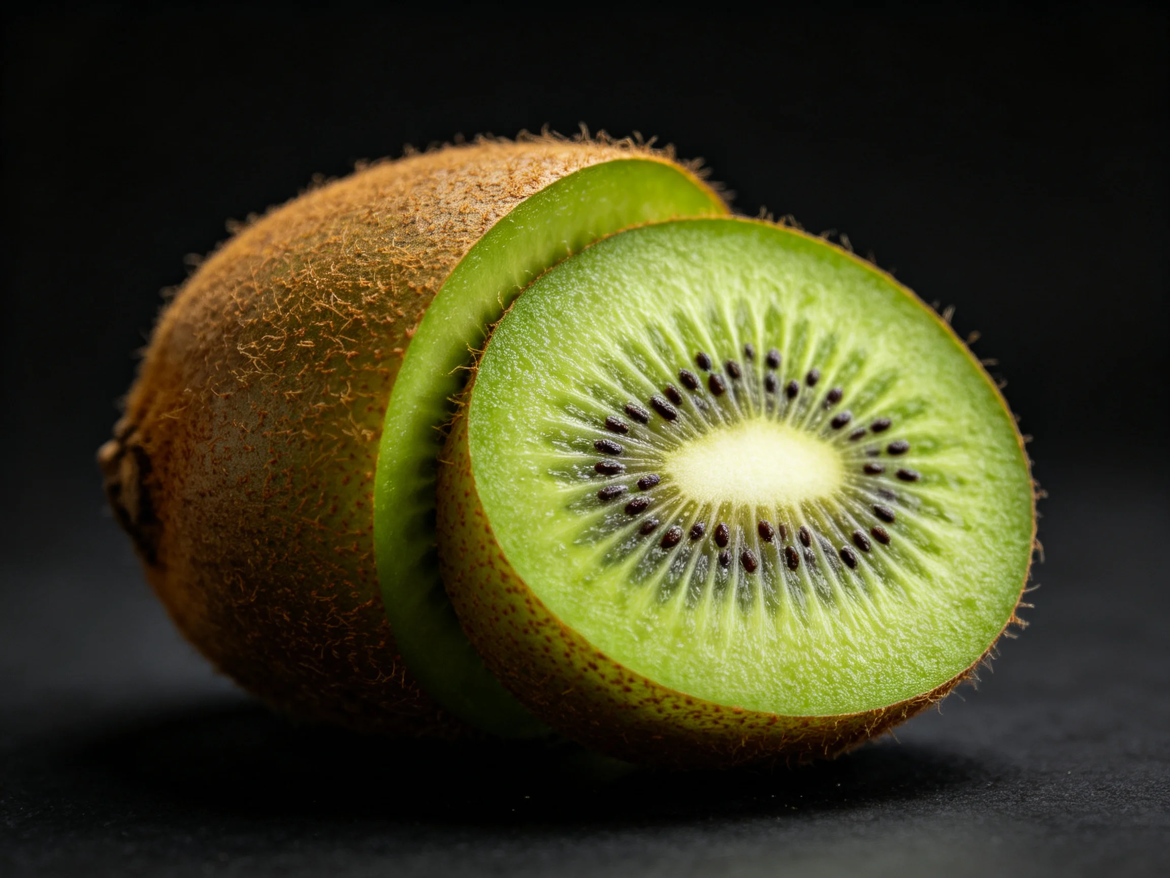 A whole kiwi and a sliced piece with vibrant green flesh and brown exterior