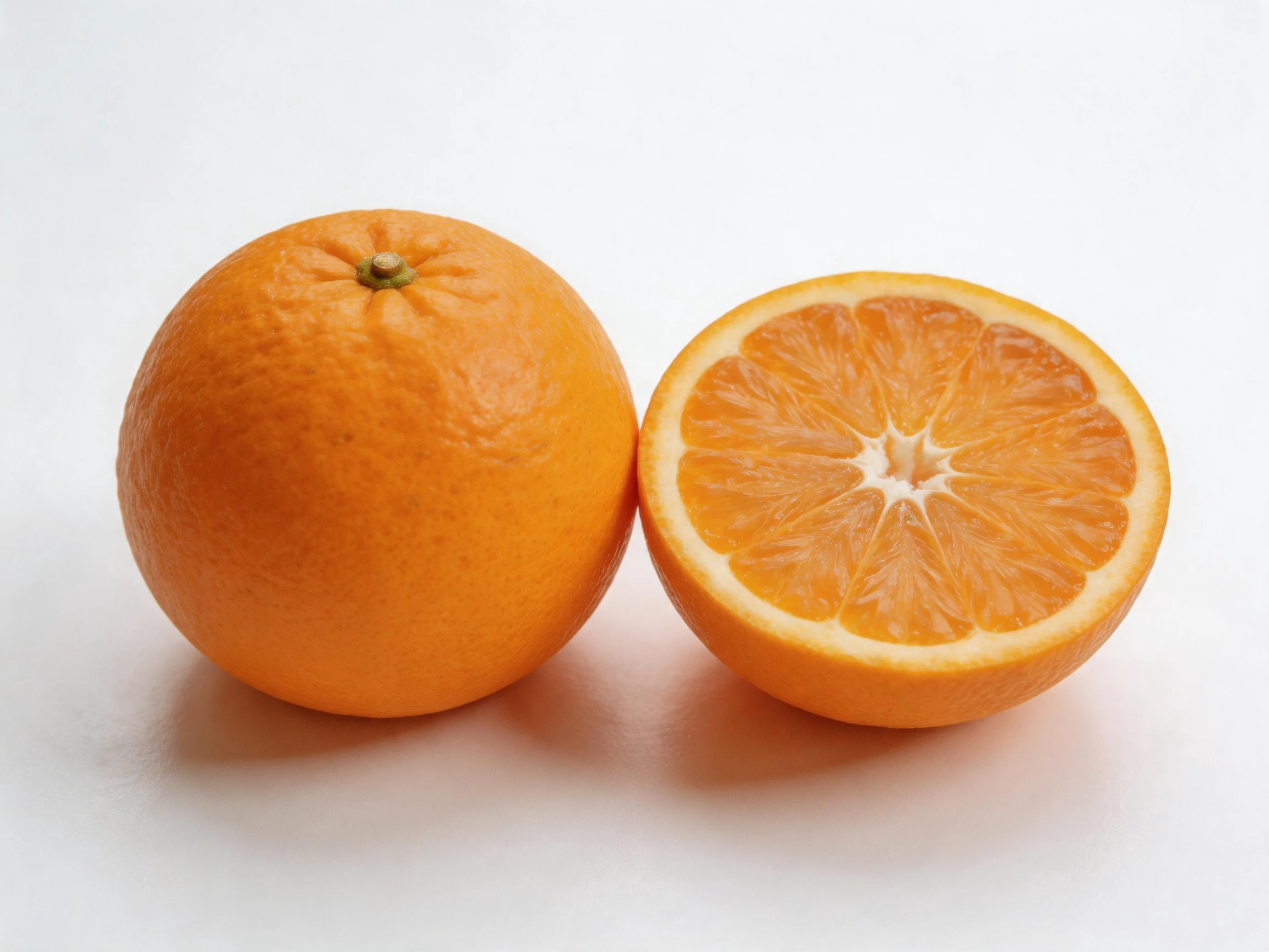 A whole orange and a halved orange sit side by side