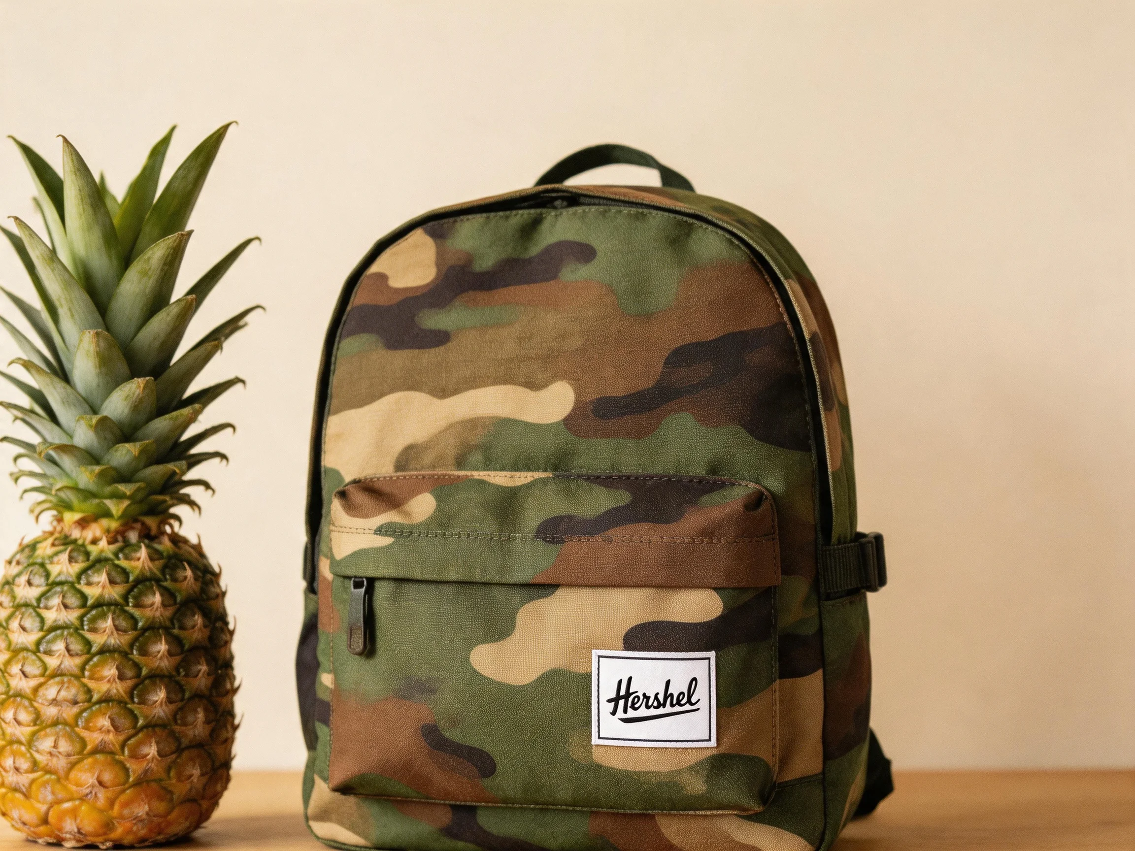 A whole pineapple beside a camouflage Herschel backpack
