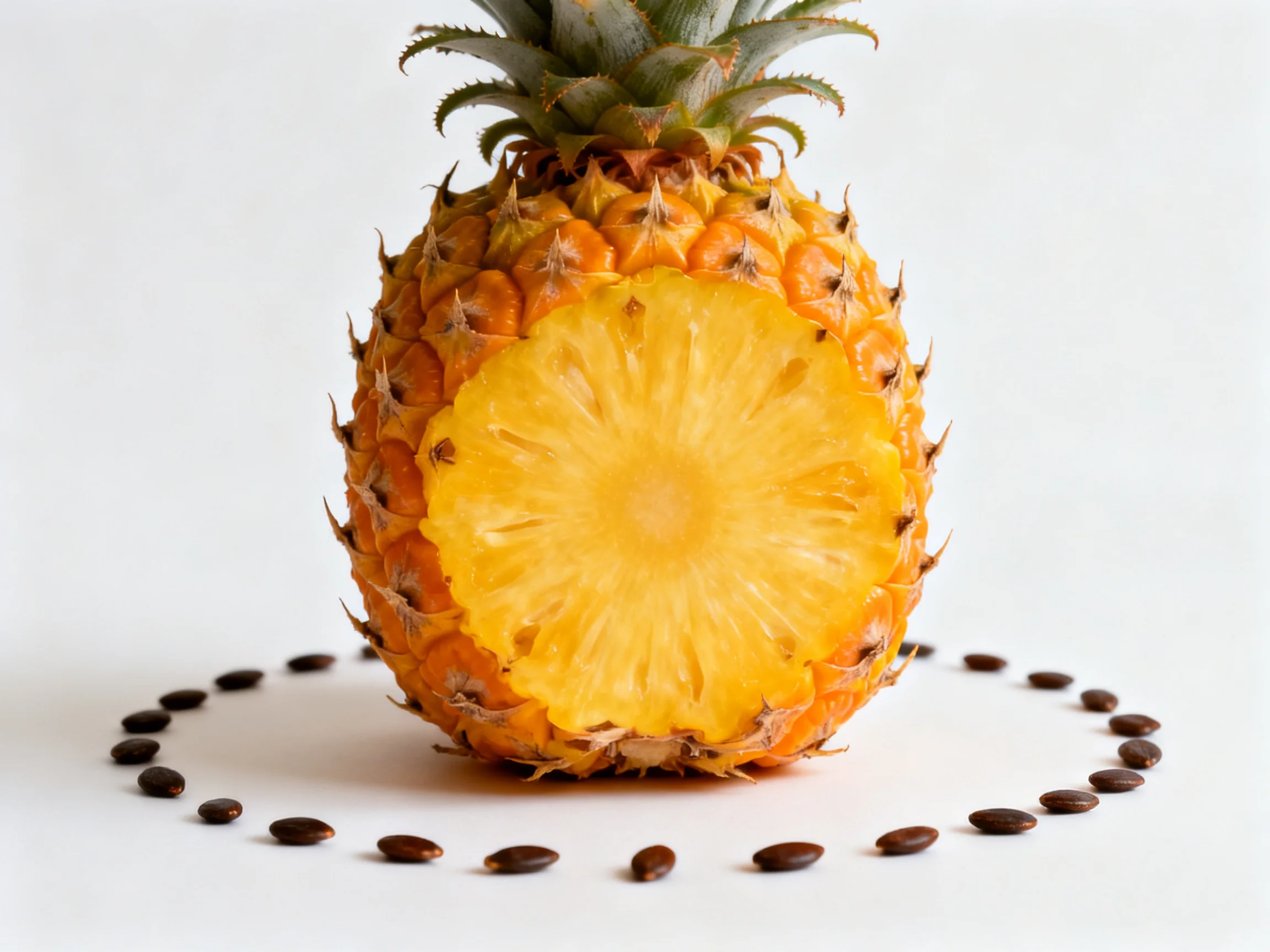 A whole pineapple with a sliced center surrounded by scattered dark seeds