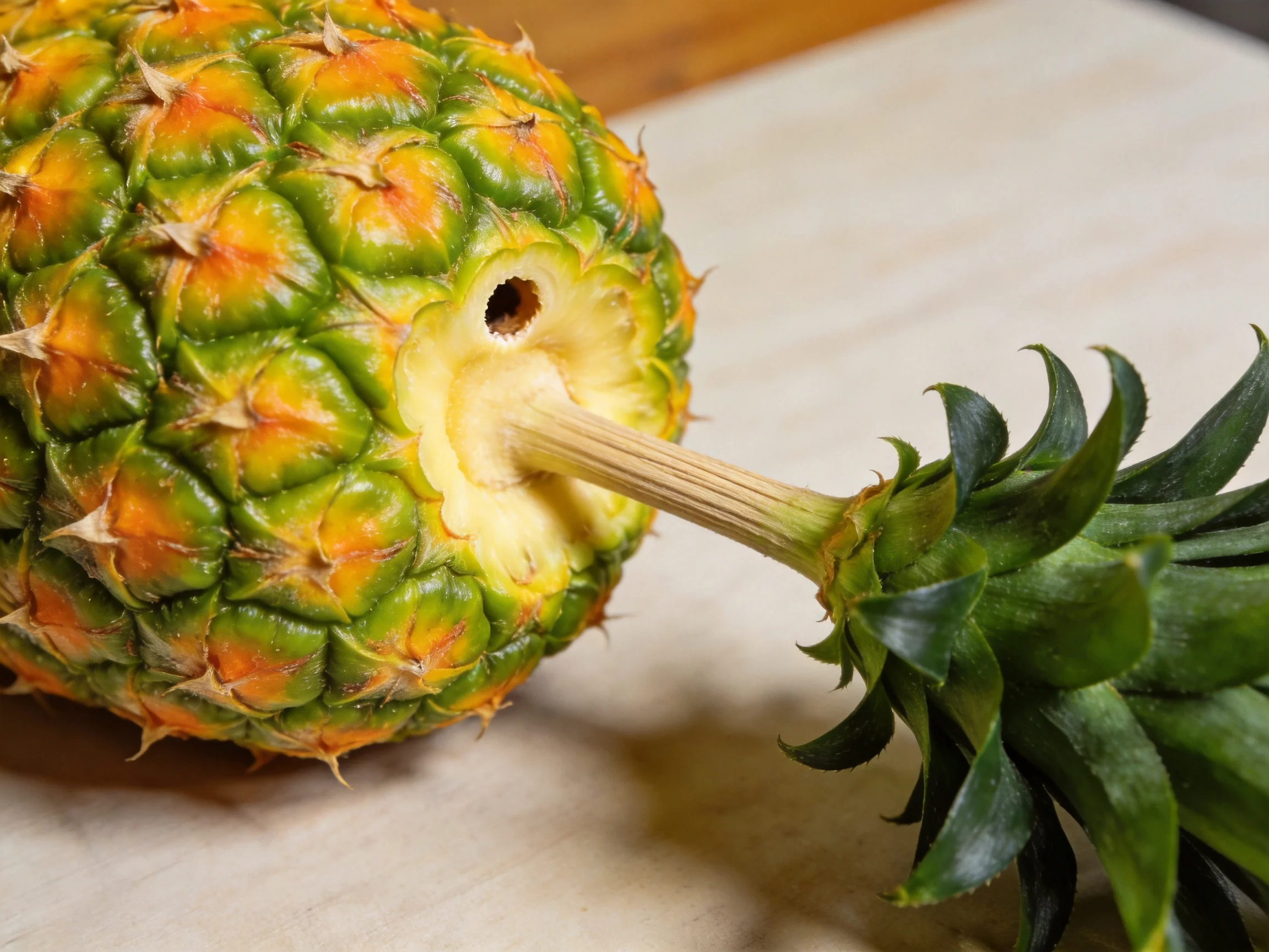 A whole pineapple with a wooden stick inserted into its top