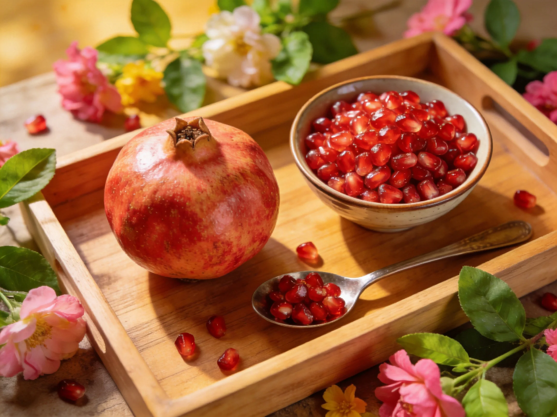 A whole red pomegranate, a bowl of glistening seeds, and a spoon on a wooden tray with flowers.