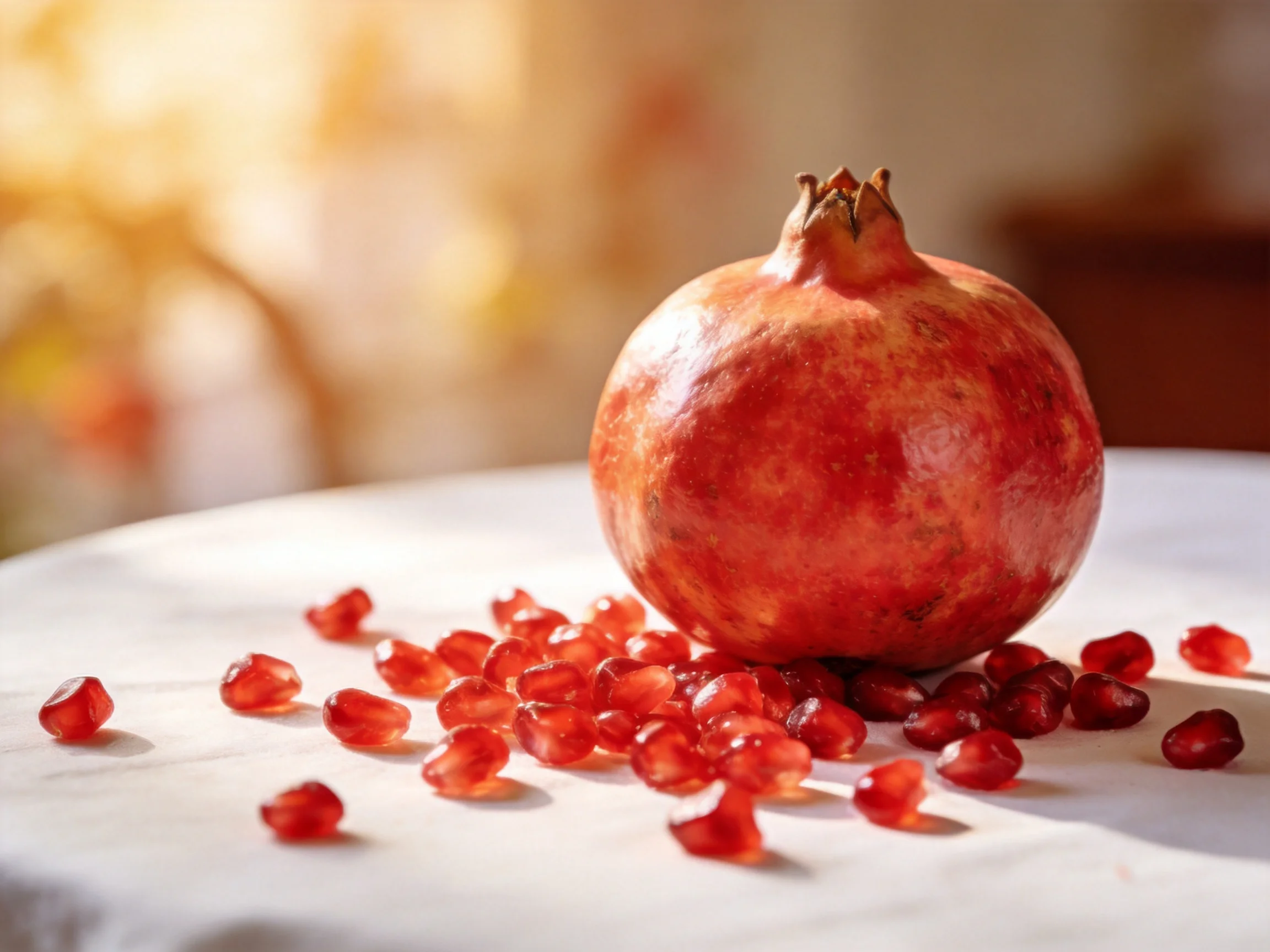 A whole red pomegranate with scattered seeds on a white surface