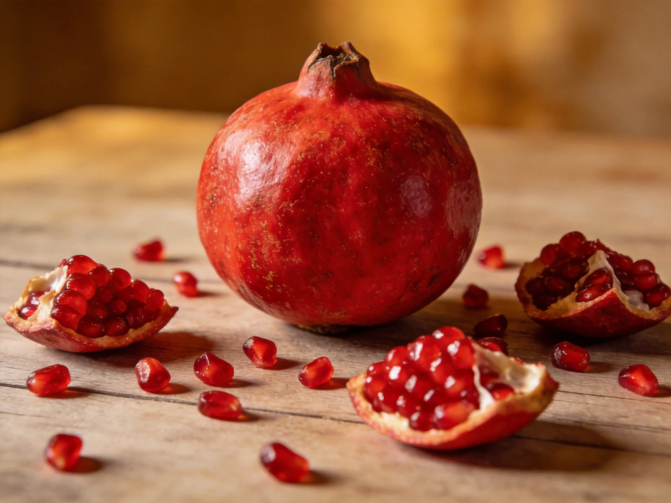 A whole red pomegranate with sliced pieces on a wooden table
