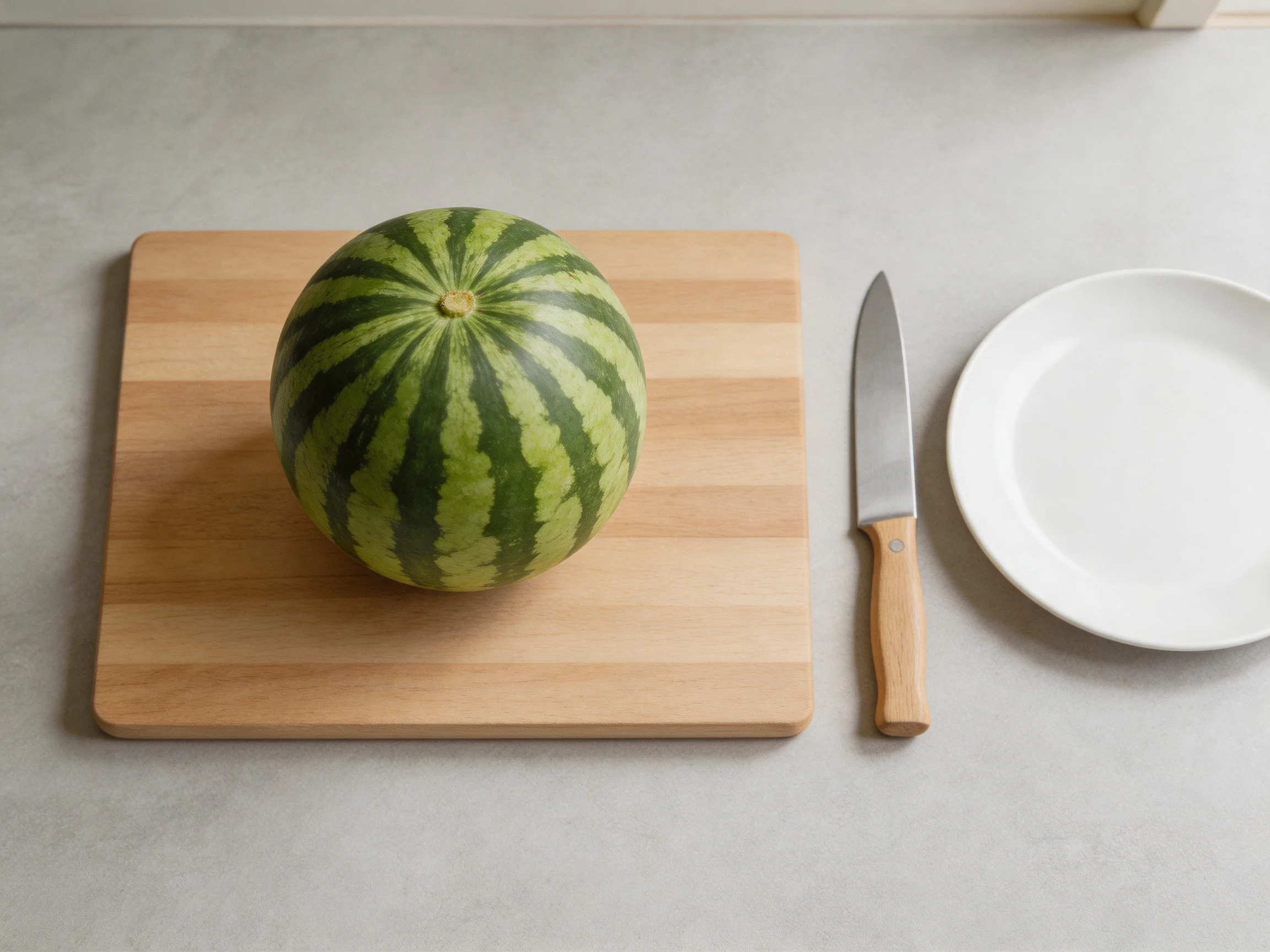 A whole striped watermelon on a wooden cutting board with a knife and plate
