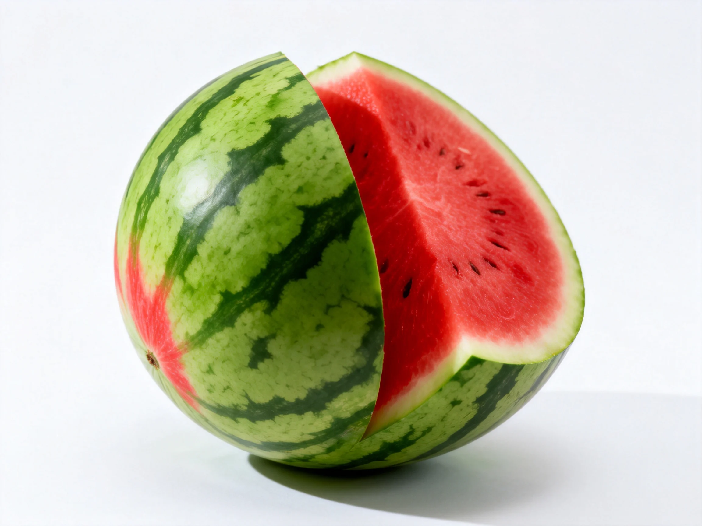 A whole watermelon with a large slice removed, revealing red flesh