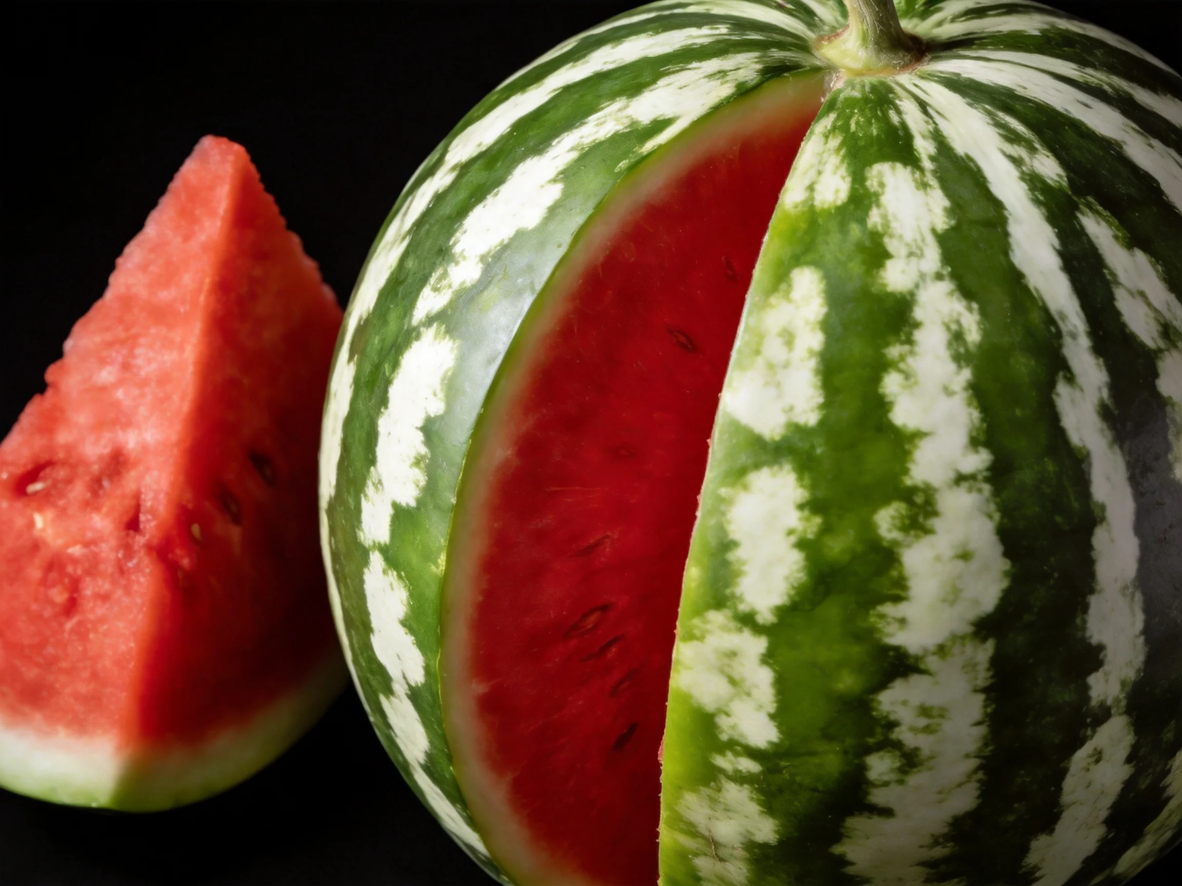 A whole watermelon with a slice, vibrant red flesh, and green striped rind