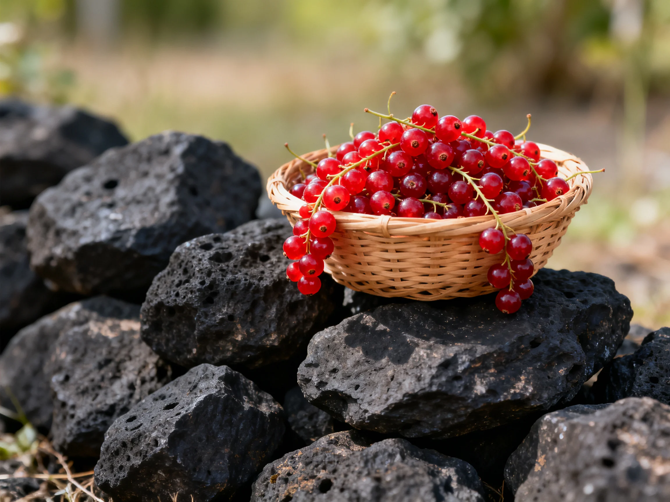 A wicker basket brimming with bright red berries rests on dark volcanic rocks